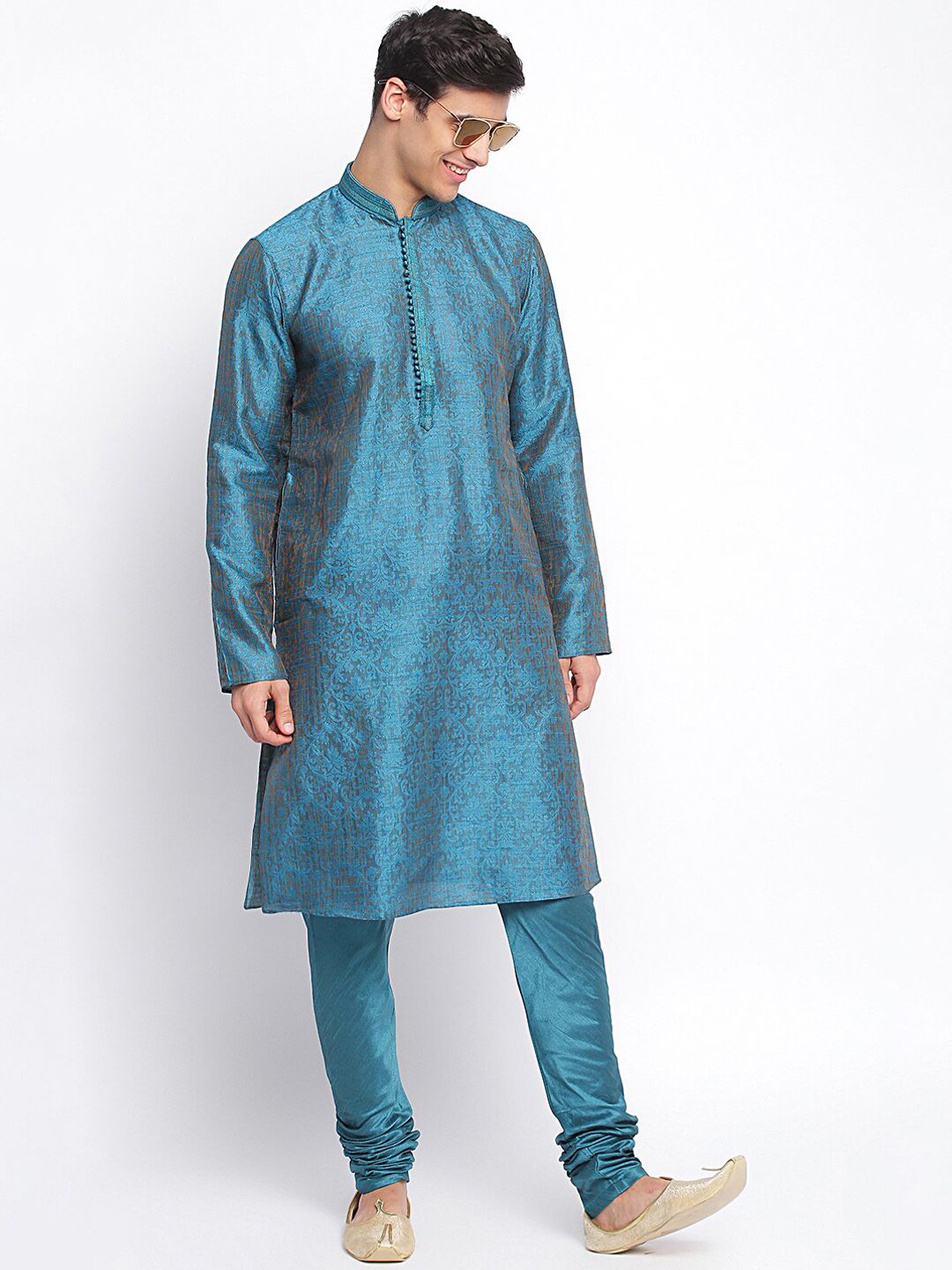Sanwara  Men Turquoise Blue Woven Design Regular Kurta with Churidar