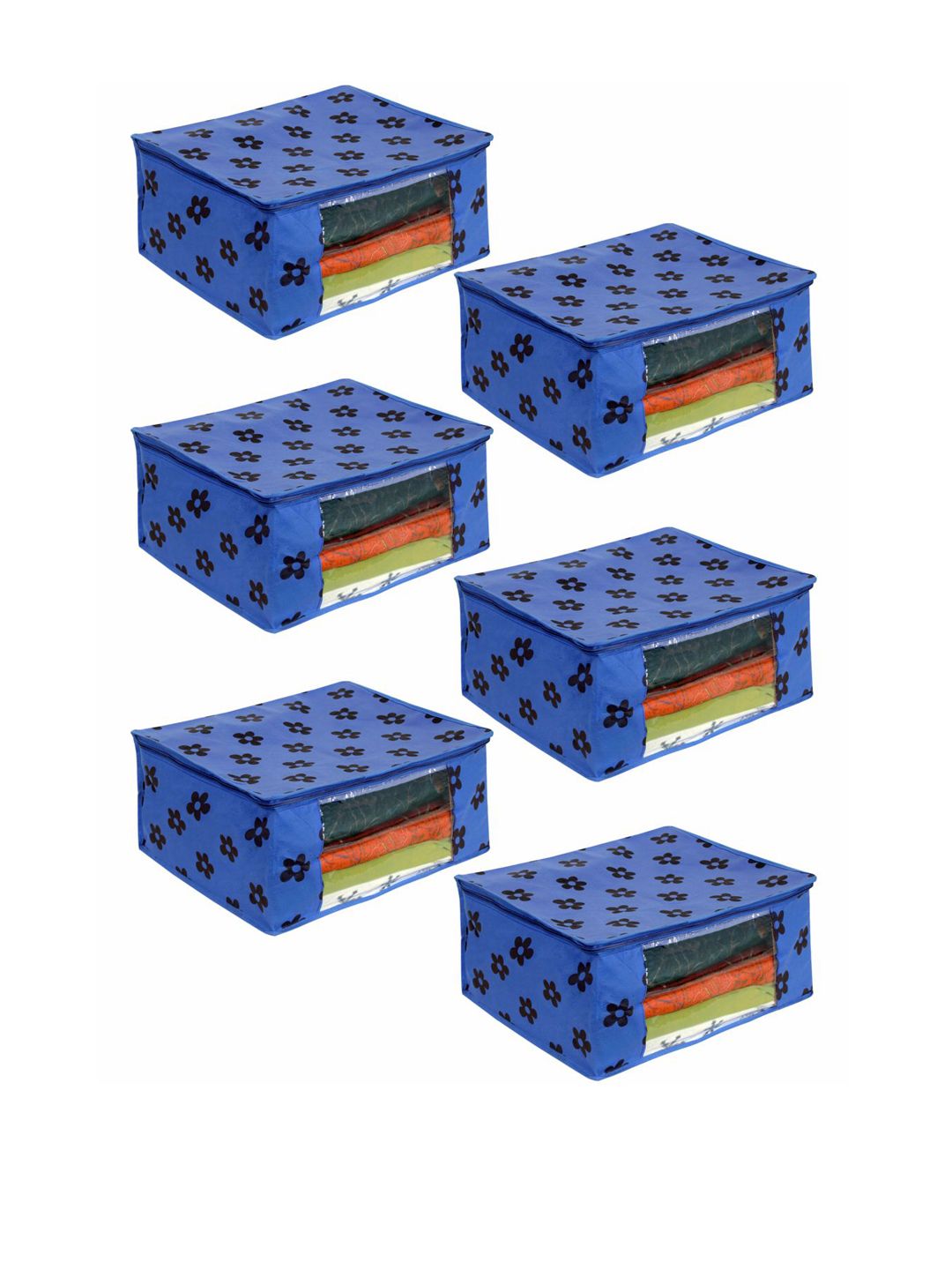 prettykrafts Set Of 6 Blue Printed Saree Organizers With Transparent Window