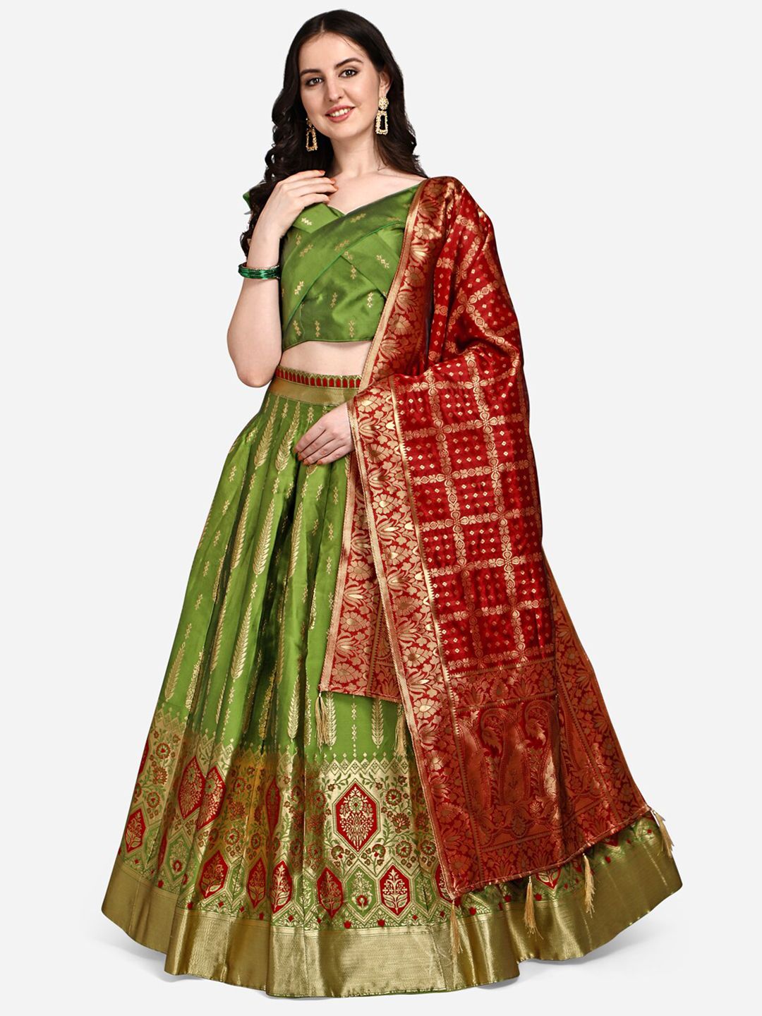 PURVAJA Olive Green & Maroon Ready to Wear Lehenga & Unstitched Blouse With Dupatta