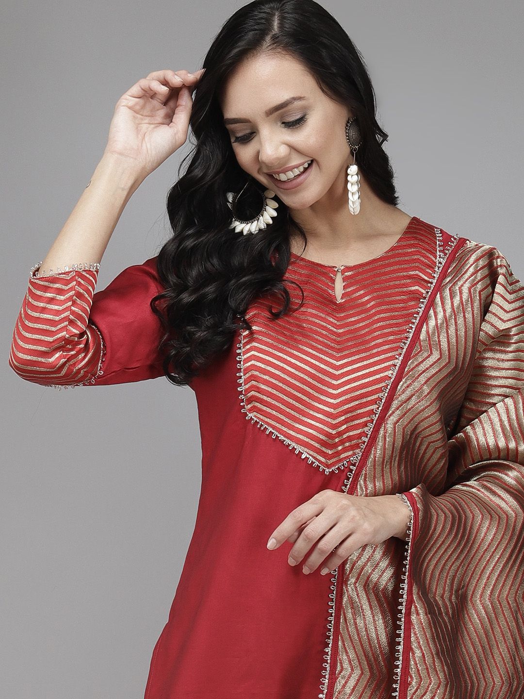 Indo Era Women Red & Copper-Coloured Yoke Design Kurta with Palazzos & Dupatta