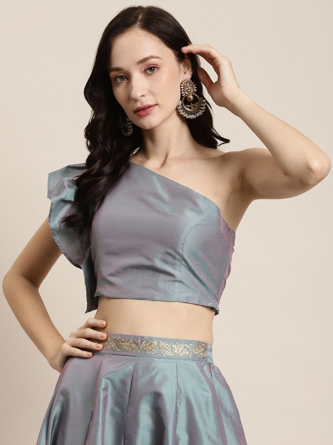 Shae by SASSAFRAS Green & Pink One Shoulder Blouson Crop Top