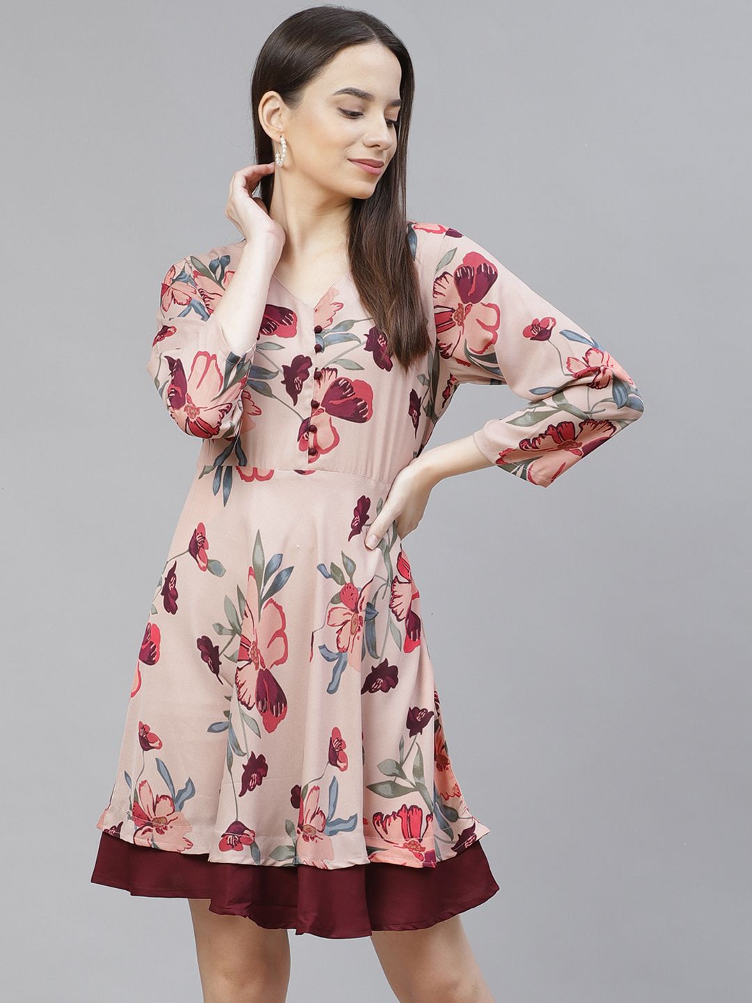 Jompers Peach-Coloured & Purple Floral Ethnic A-Line Dress
