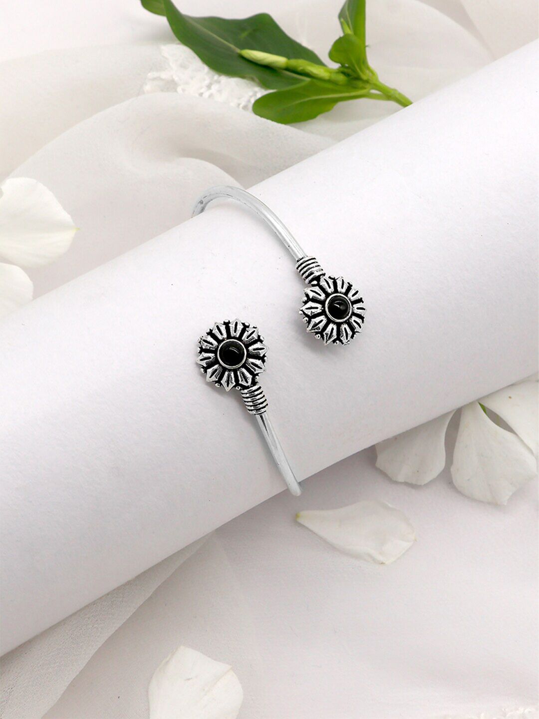 TEEJH Women Black Silver-Toned Oxidised Cuff Bracelet