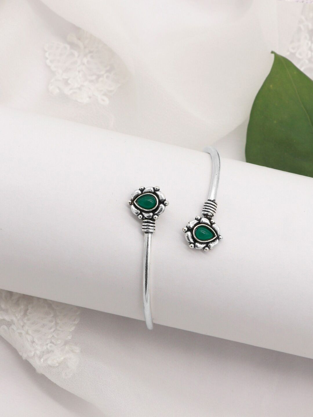 TEEJH Oxidised Aparna Silver-Plated Stone-Studded Cuff