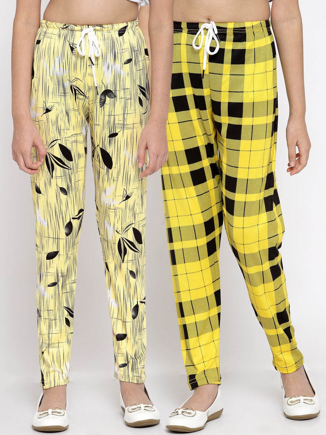 KLOTTHE Girls Cream-Coloured & Yellow Pack Of 2 Printed Trouser