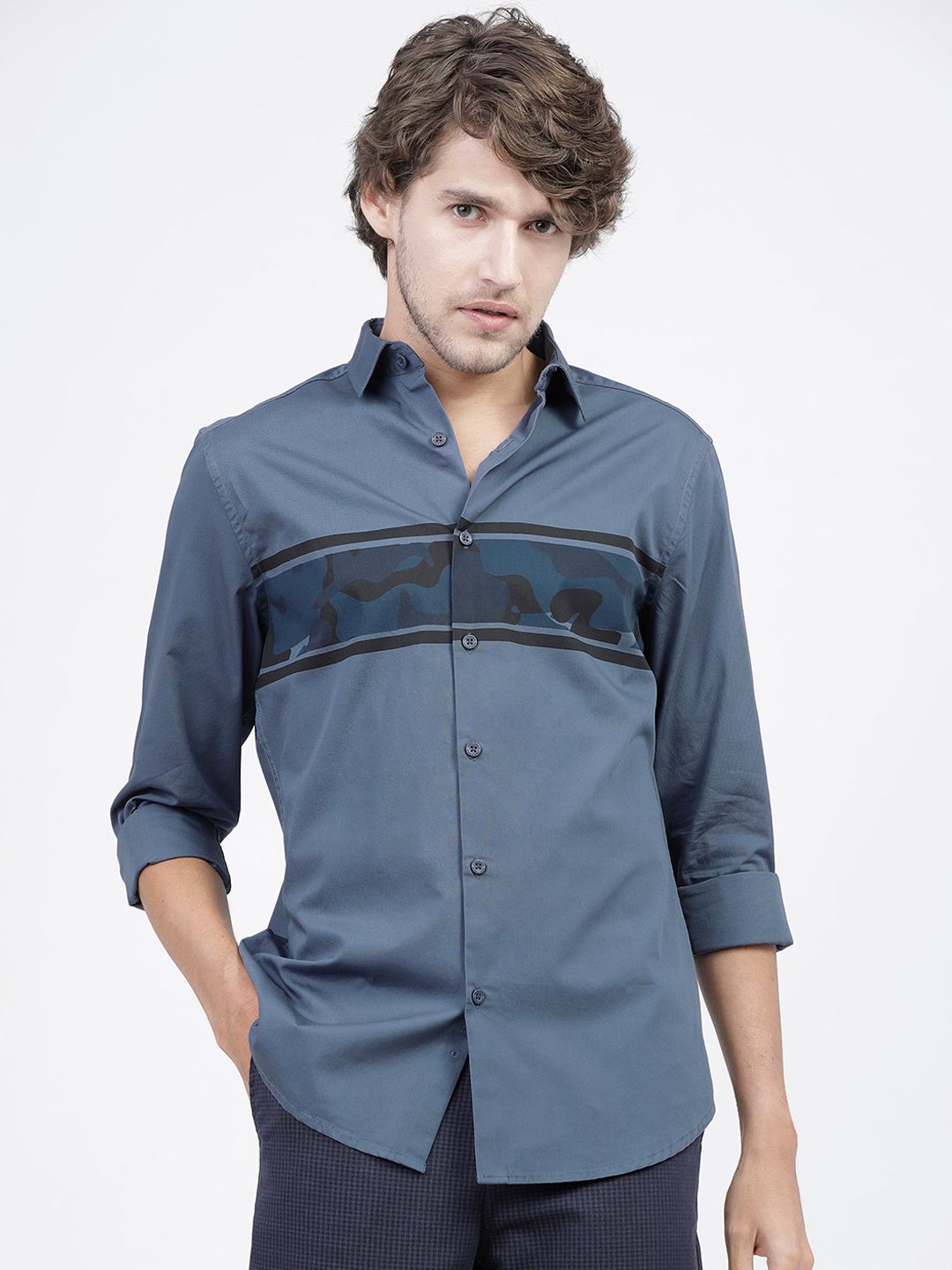 HIGHLANDER Men Blue Slim Fit Opaque Printed Cotton Casual Shirt