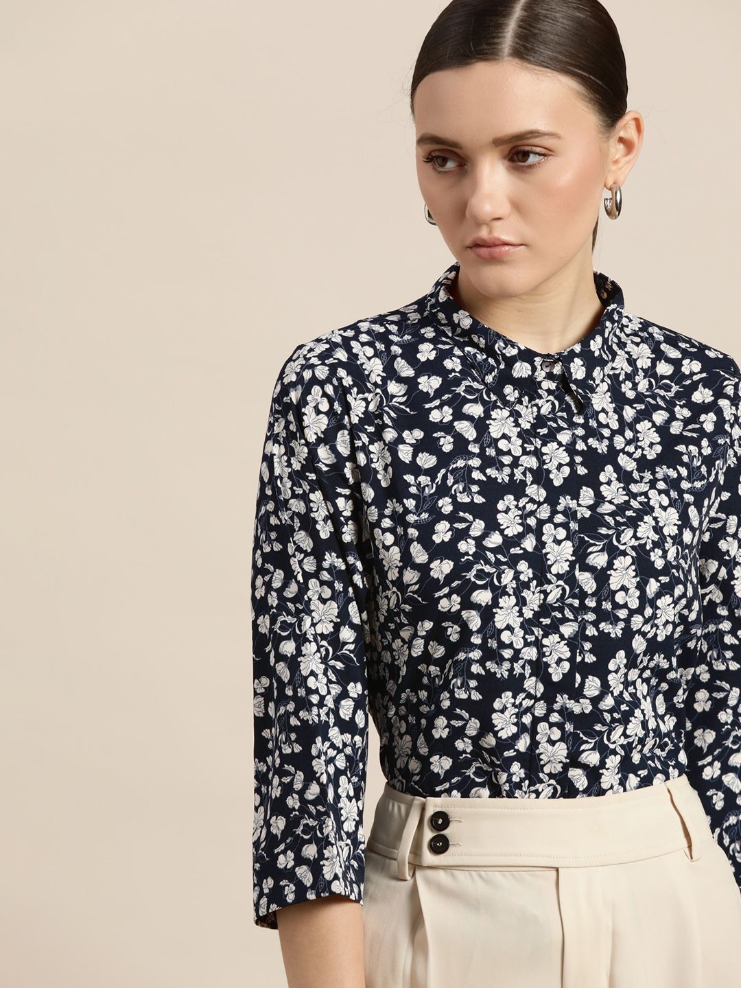 her by invictus Women Navy Blue & White Floral Printed Casual Shirt