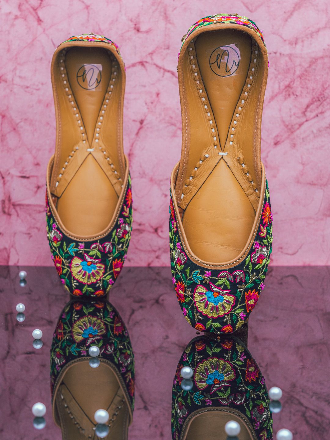 NR By Nidhi Rathi Women Black Multicolored Hand Embroidered Mojaris Flats