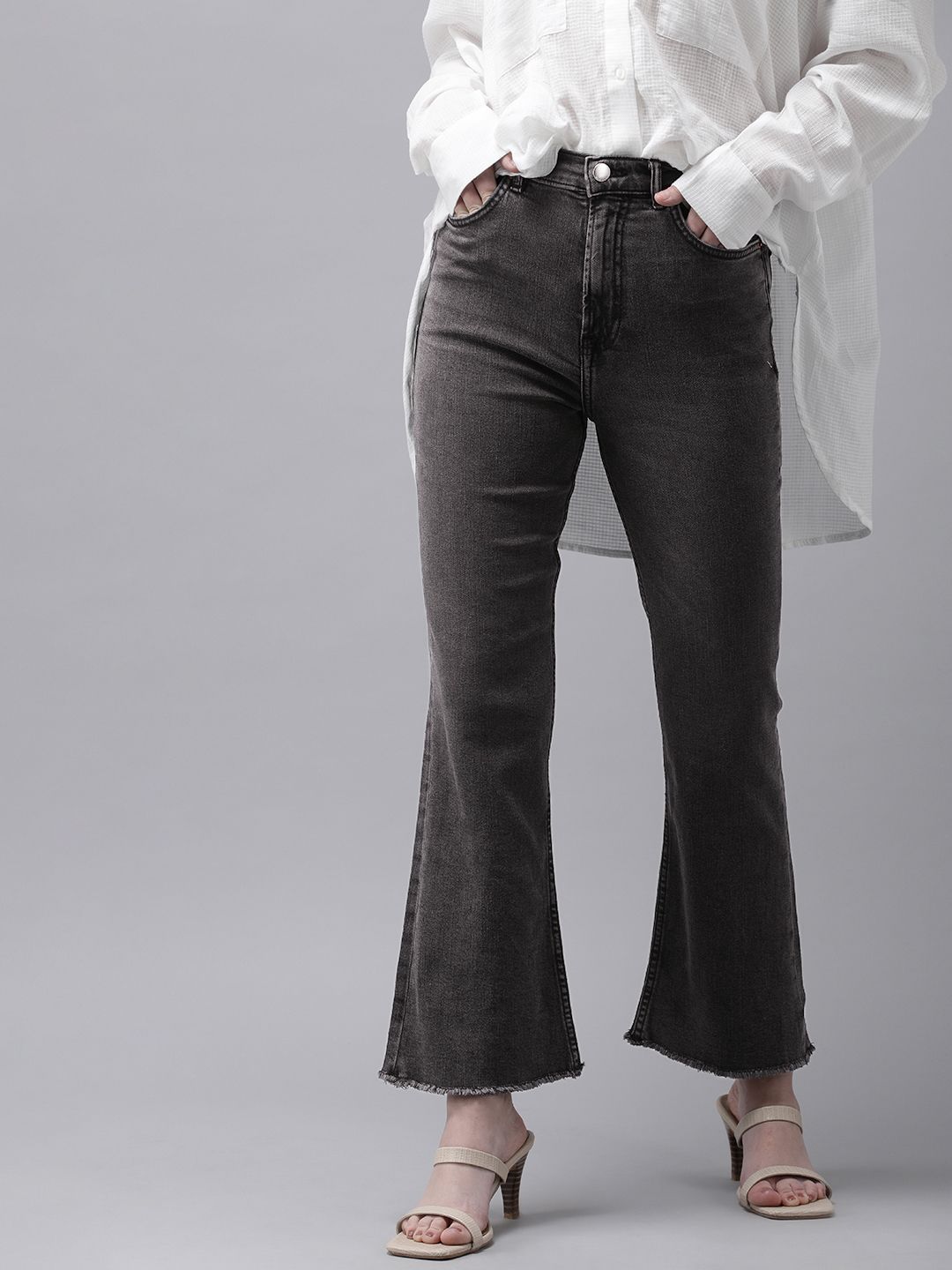 MANGO Women Charcoal Mid-Rise Bootcut Flared Cropped Stretchable Jeans