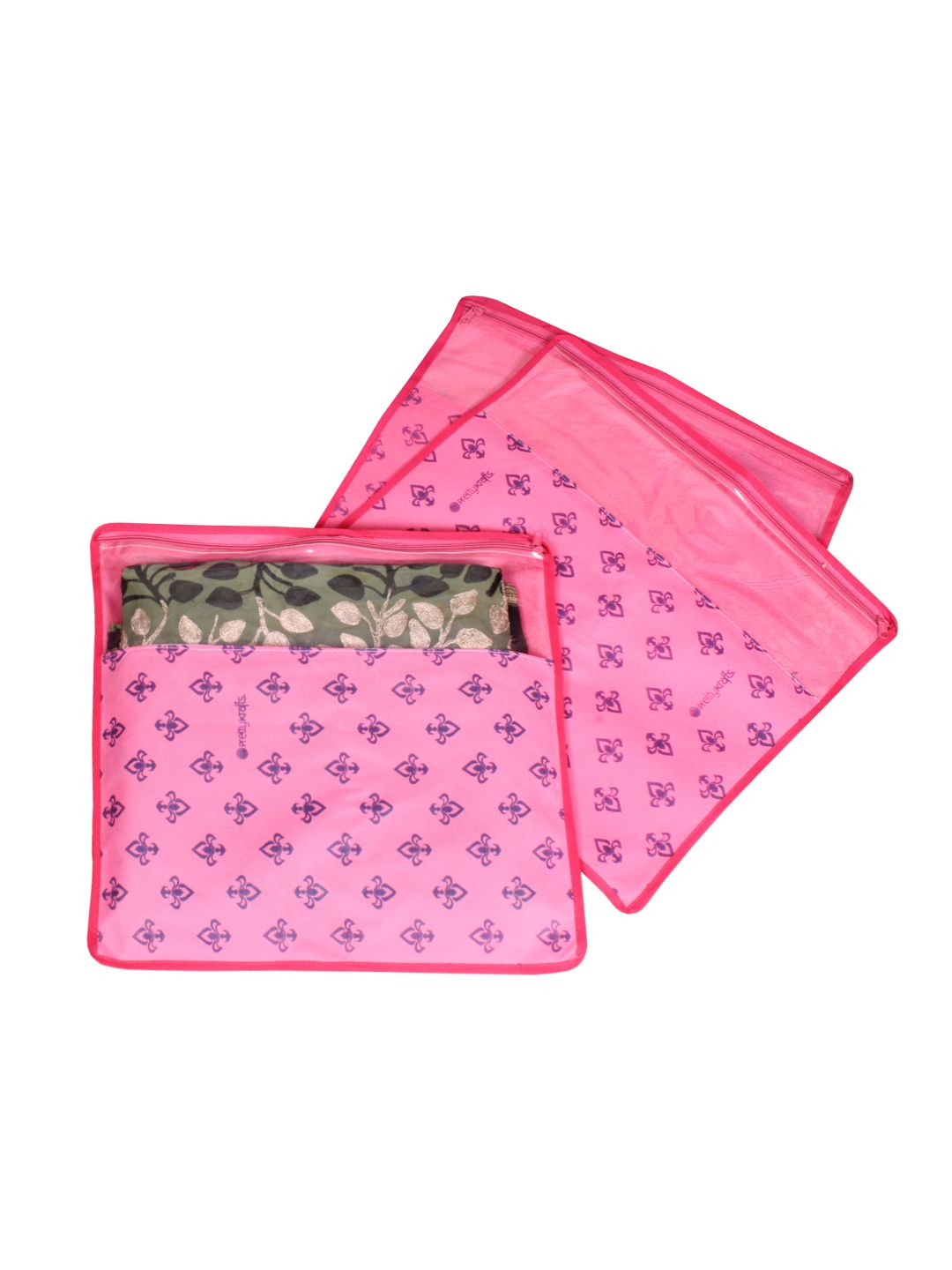 prettykrafts Set Of 3 Pink & Top Transparent Solid Single Packing Saree Cover Organizers