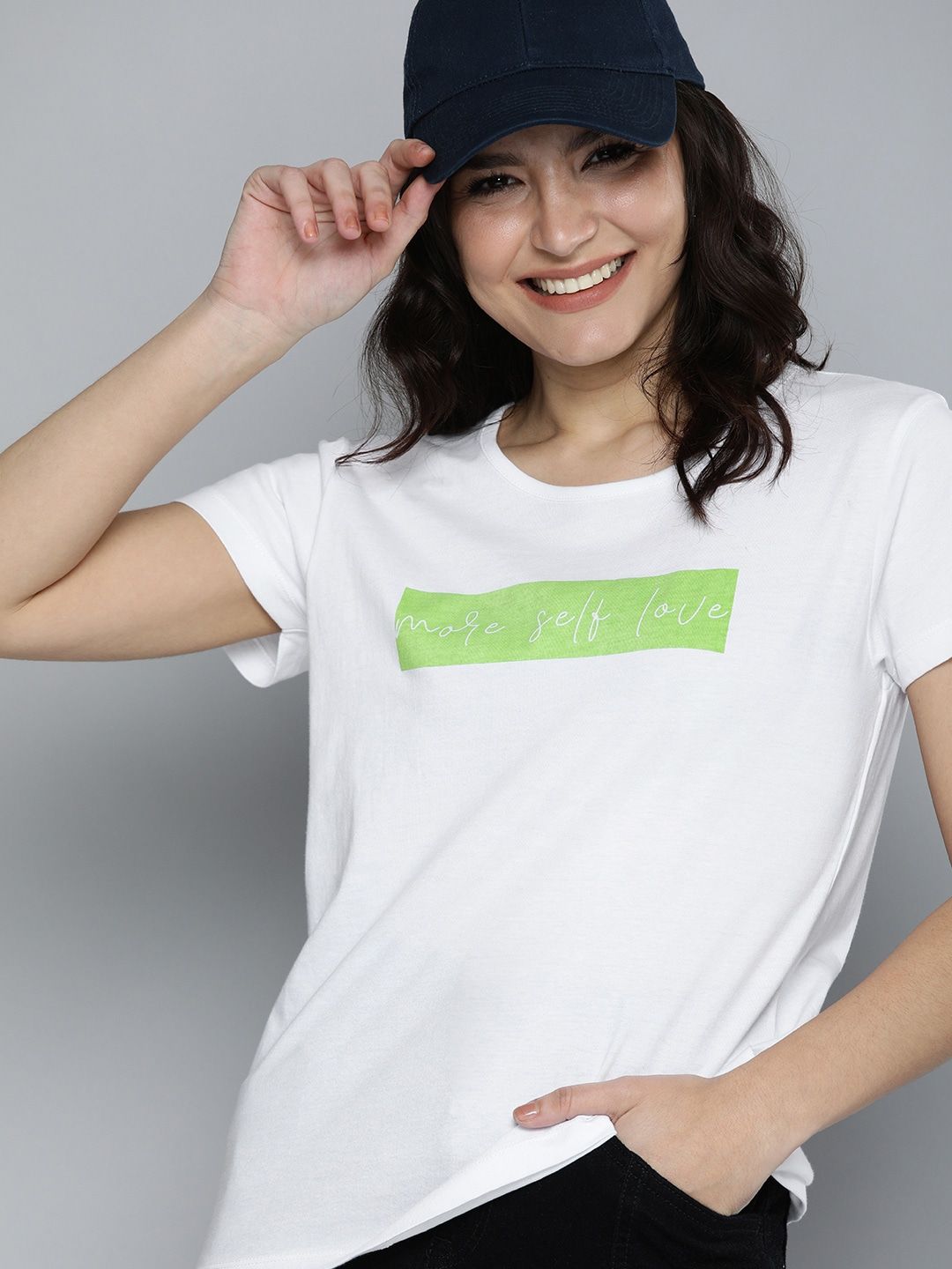 HERENOW Women White  Green Typography Printed Pure Cotton T-shirt