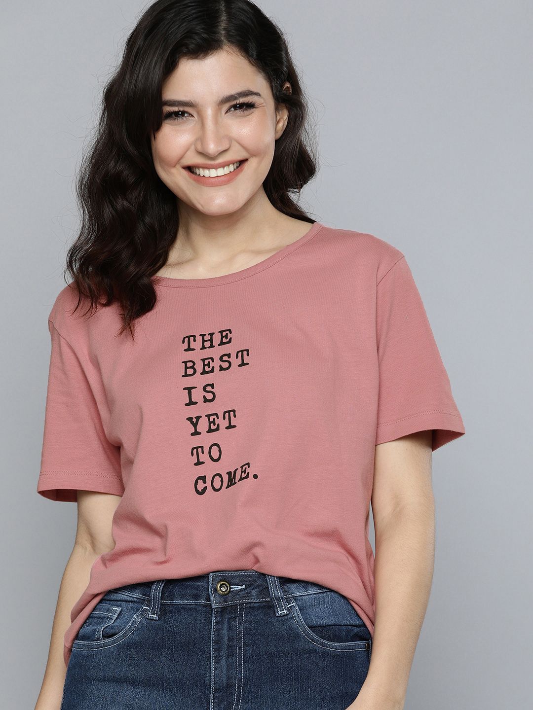 HERENOW Women Pink  Black Typography Printed Pure Cotton T-shirt