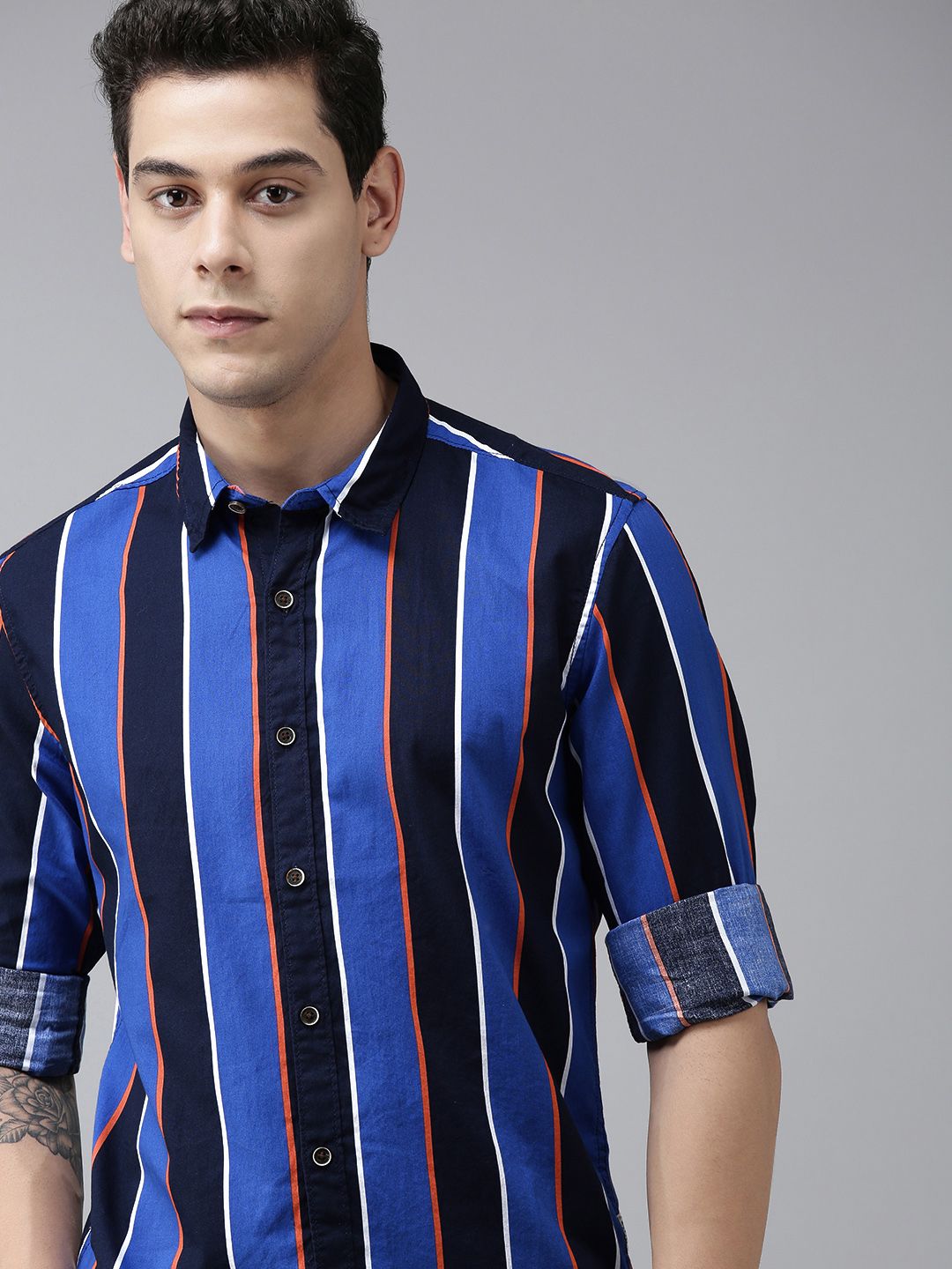 BEAT LONDON by PEPE JEANS Men Blue Slim Fit Striped Casual Shirt