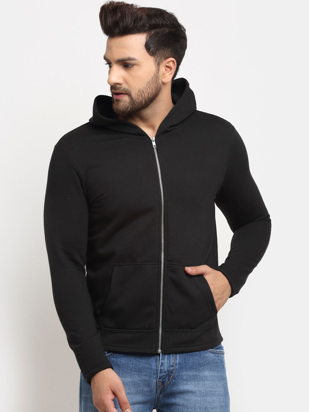 DOOR74 Men Black Hooded Sweatshirt