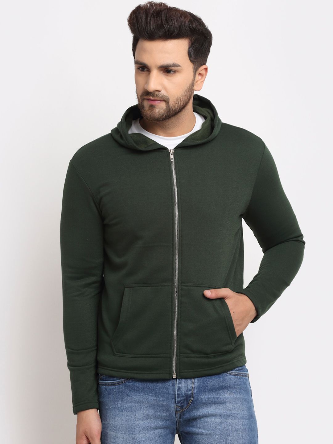 DOOR74 Men Green Hooded Sweatshirt