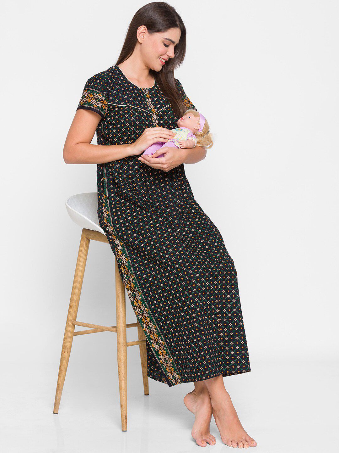AV2 Navy Blue Printed Pure Cotton Maternity Maxi Nightdress