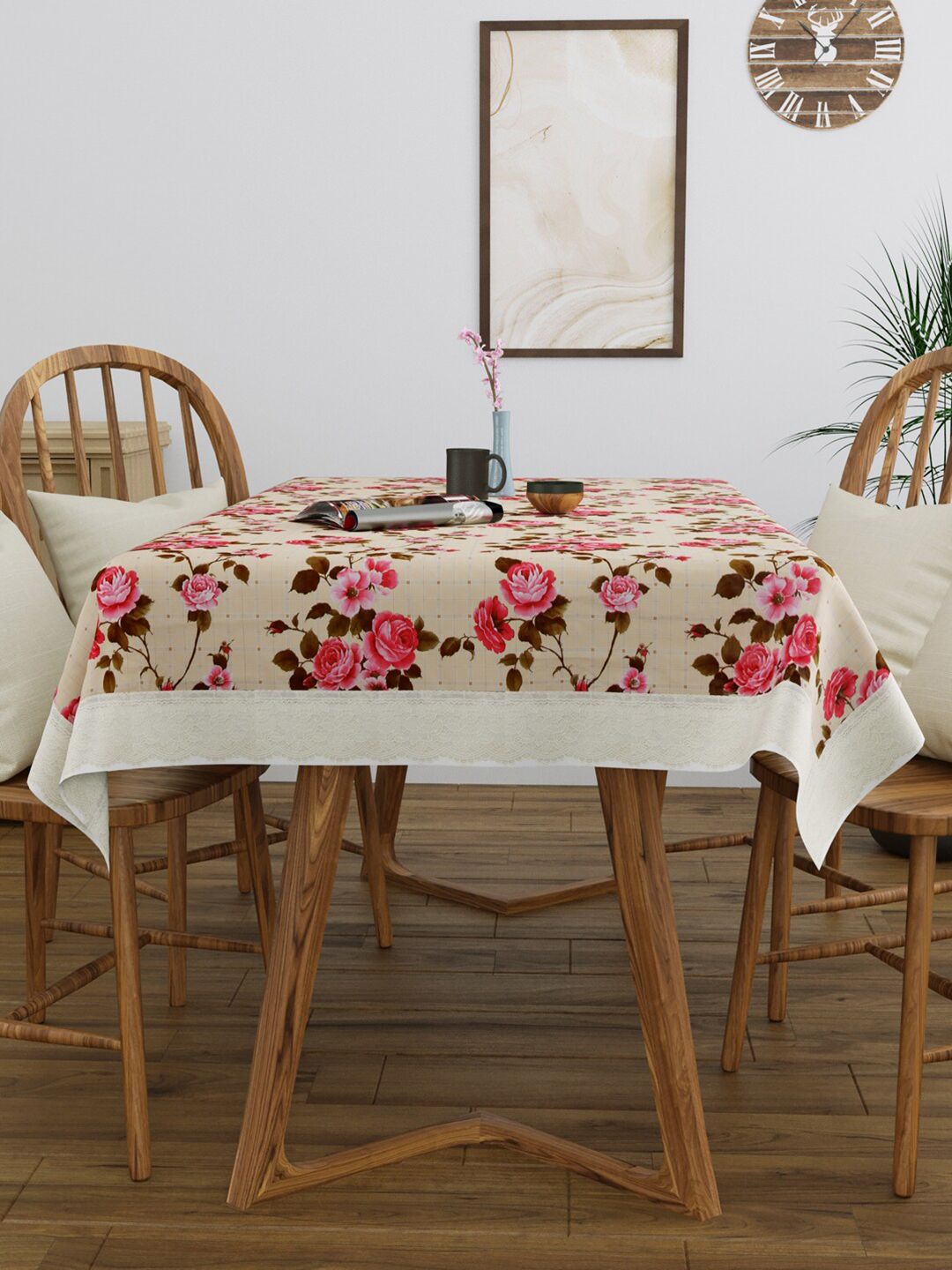 Clasiko Beige & Pink Floral Printed 4-Seater Table Cover
