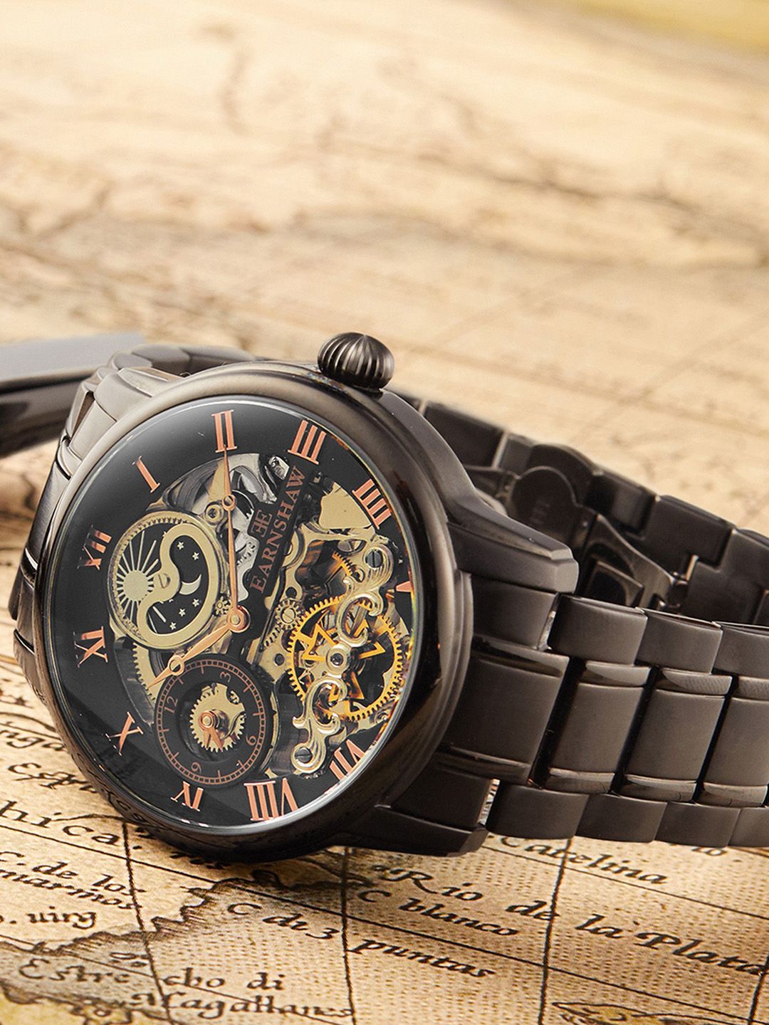 EARNSHAW Men Black Skeleton Dial Analogue Multi Function Automatic Watch ES-8006-55
