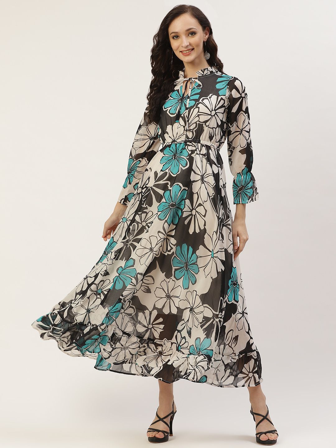 Deewa Black & White Floral Keyhole Neck Georgette Midi Dress