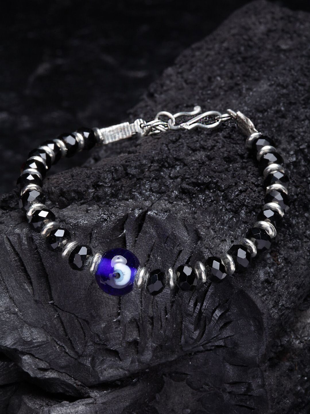 PANASH Men Silver-Toned & Black German Silver Oxidised Charm Bracelet