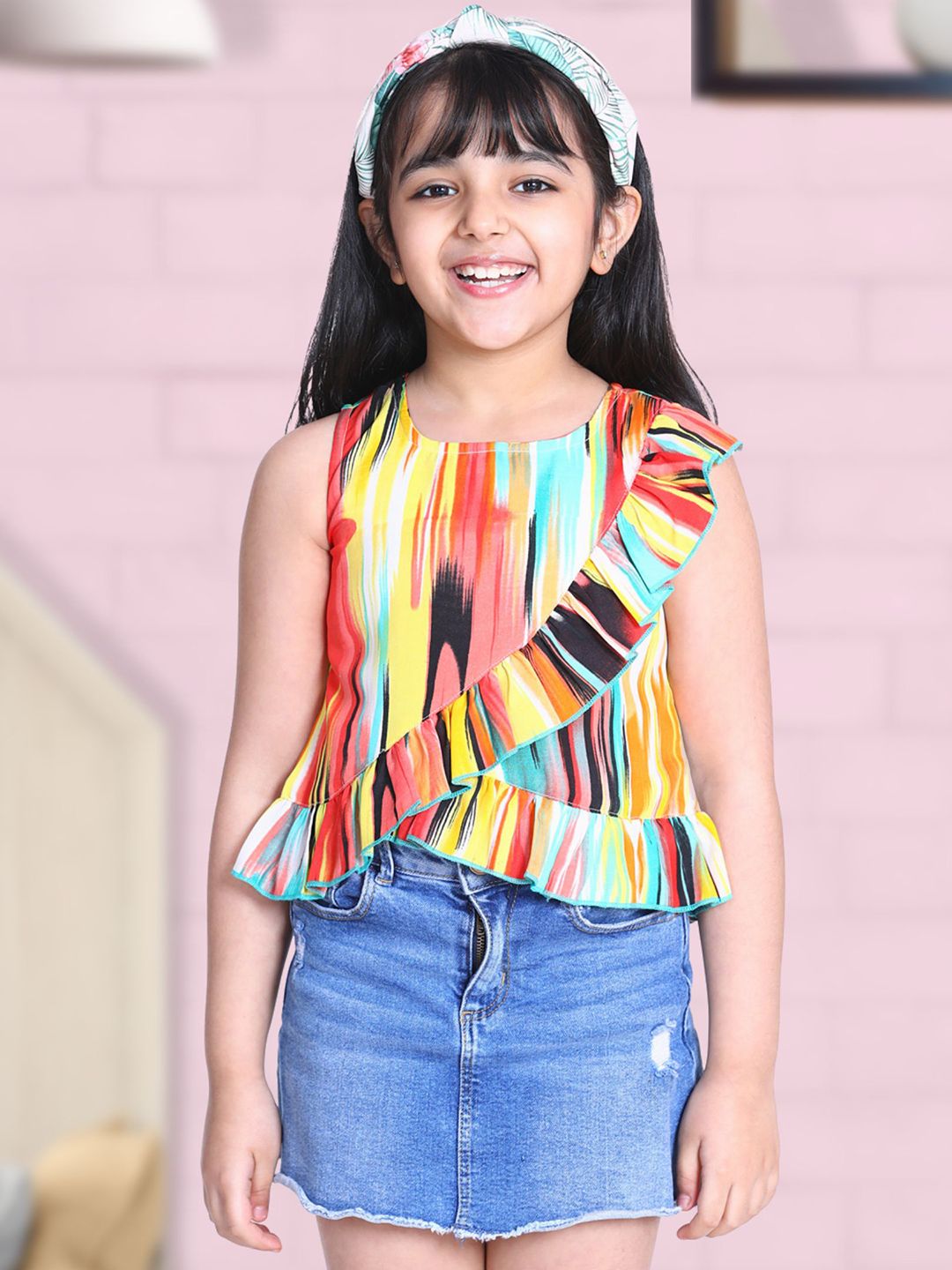 Girls Yellow Ruffles Crepe Regular Top