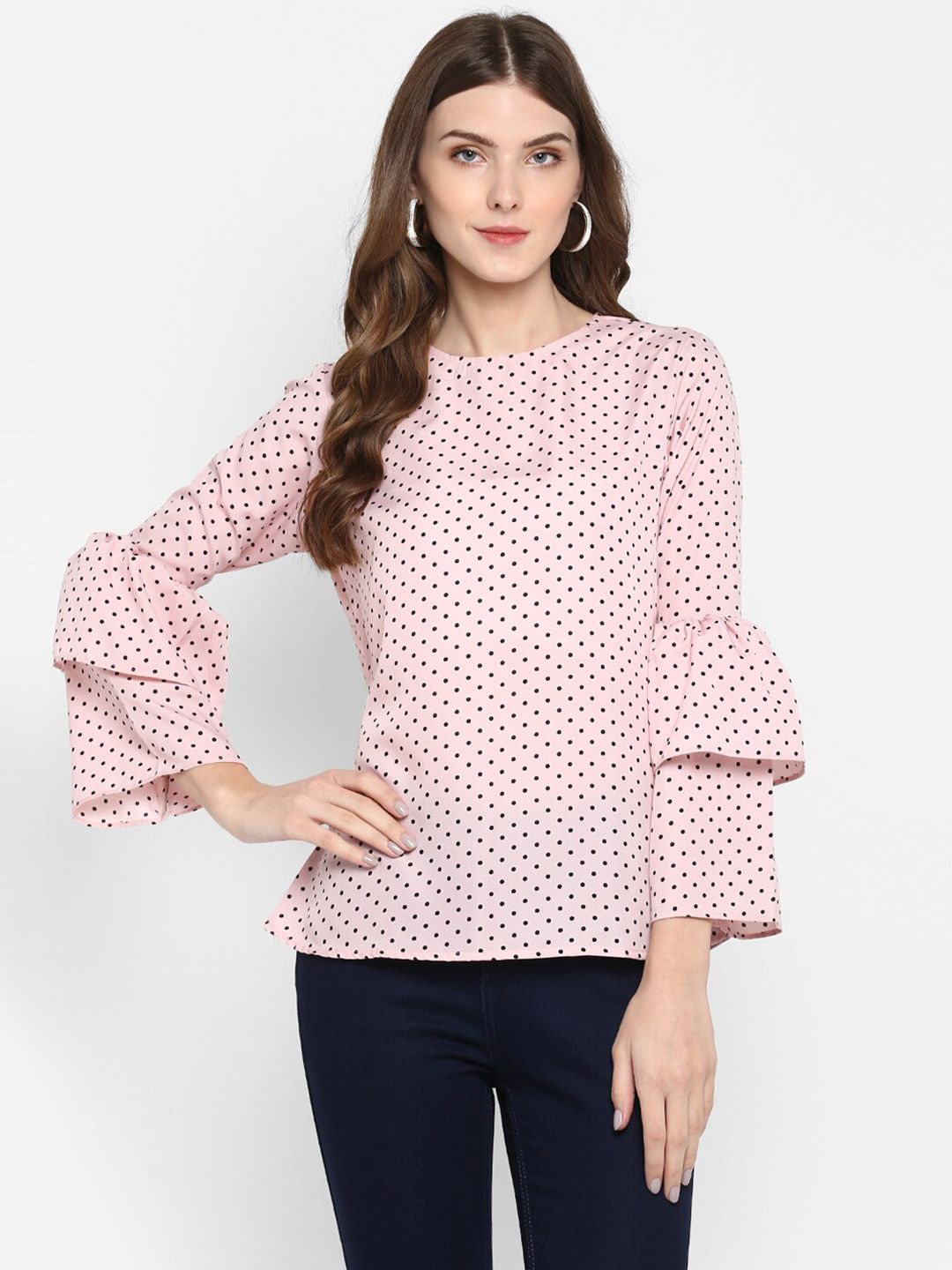 Indietoga Women Polka Dot Ruffle Full Sleeve Crepe Regular Top