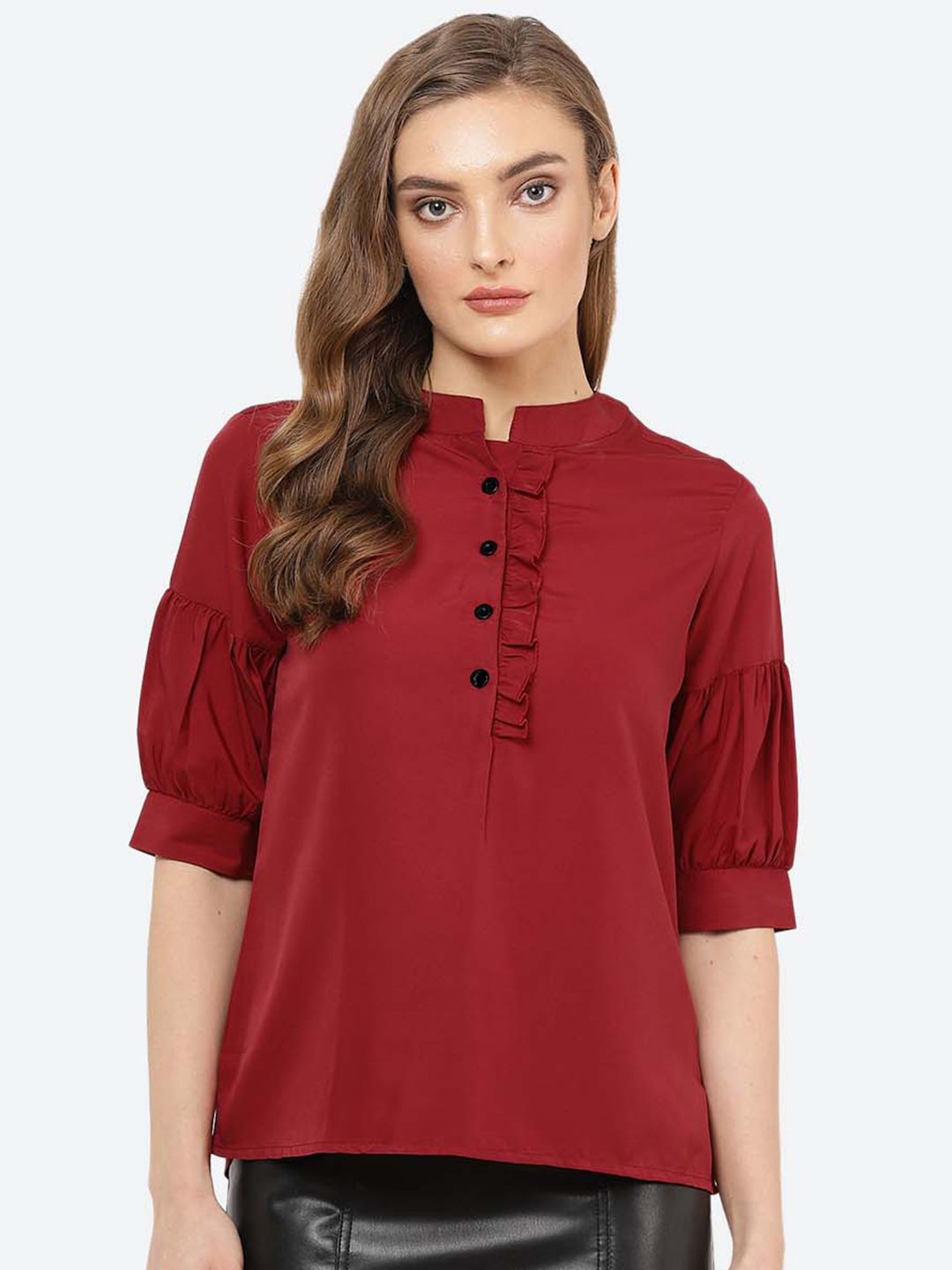 Indietoga Maroon Mandarin Collar Crepe Regular Top