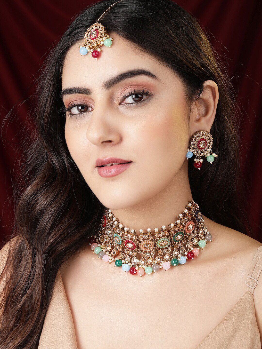 Buy Rubans 24K Gold Plated Handcrafted Multi Coloured Beads & Kundan Necklace Set -  - Accessories for Women