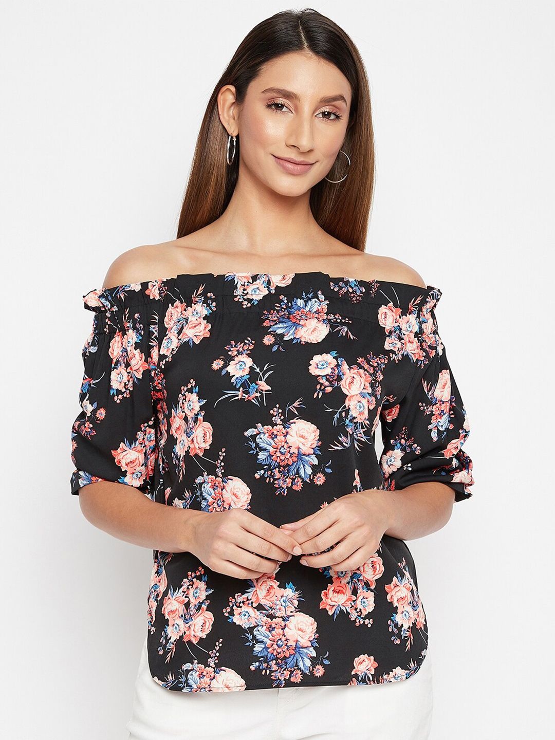 PURYS Woman Black Floral Off-Shoulder Crepe Bardot Top