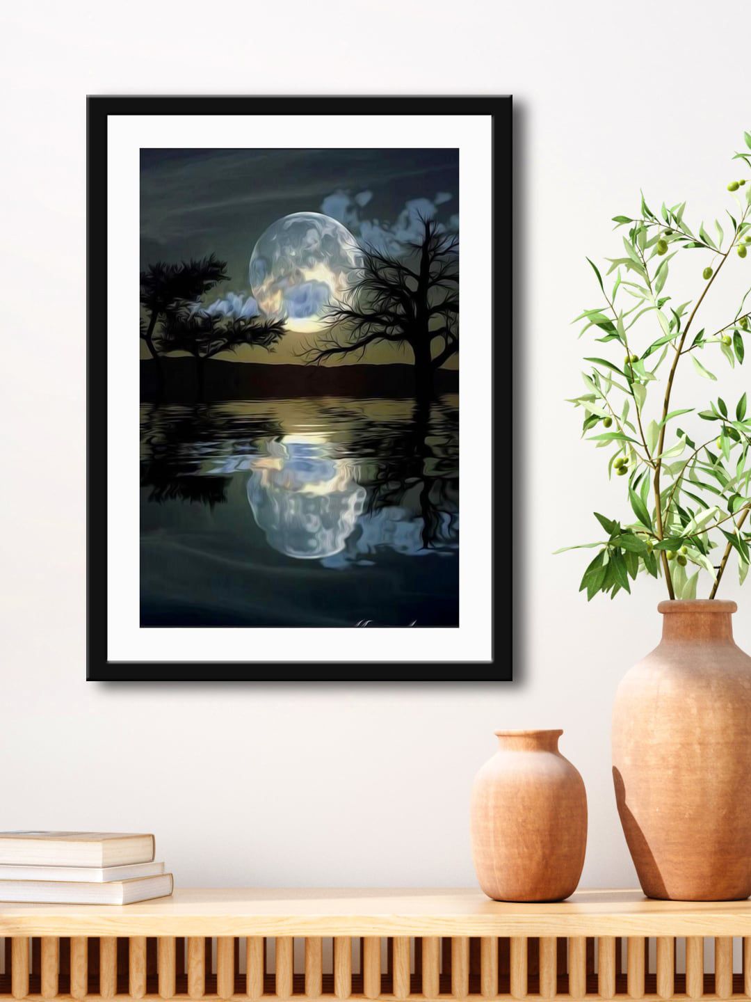 999Store Grey & Black Moon Night With River View Printed Painting Wall Art