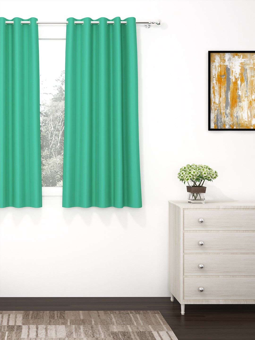 Story@home Teal Blackout Silk Solid Single Window Curtain- 5 feet