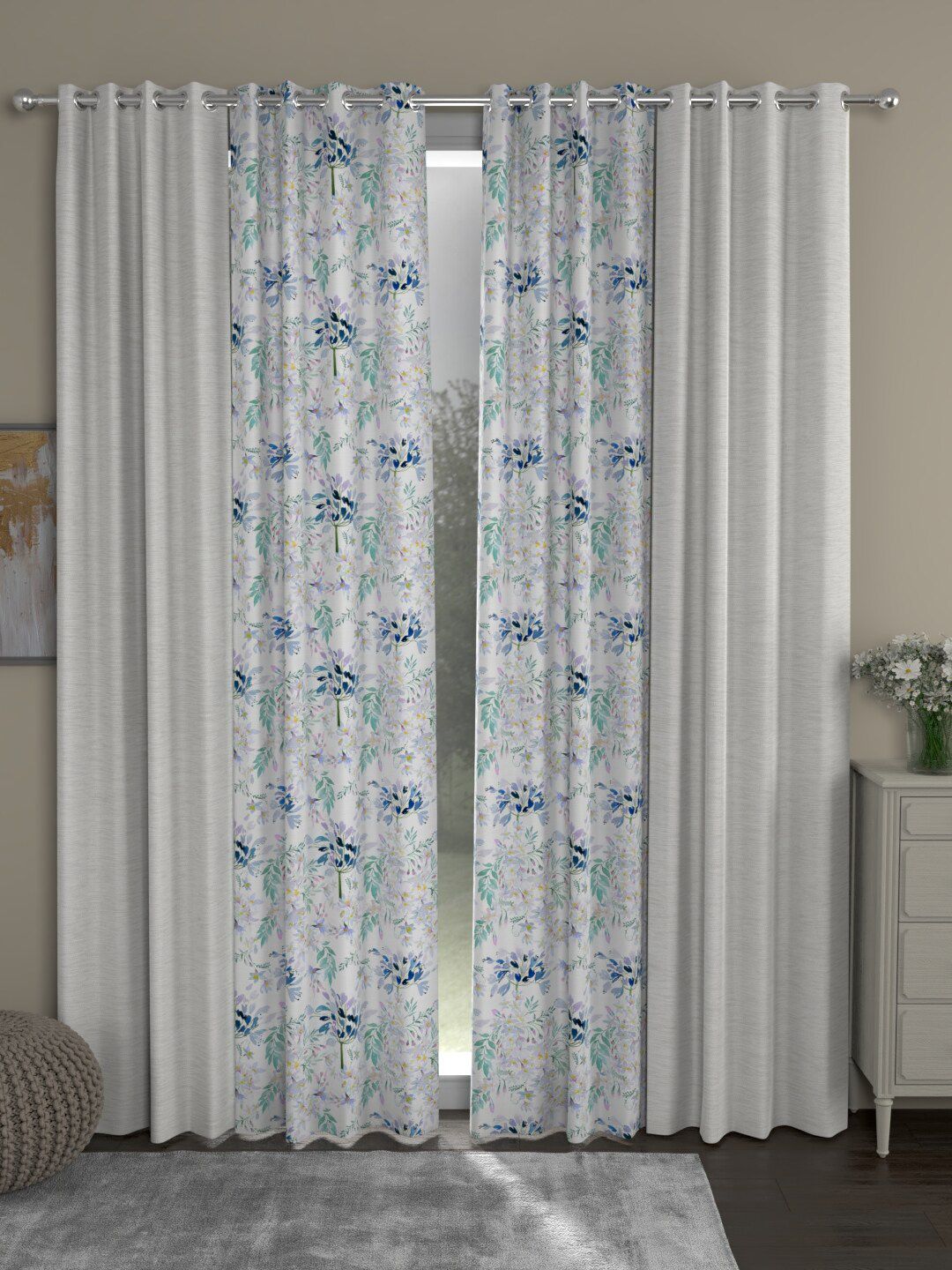 Buy ROSARA HOME Cream And Blue Set Of 4 Solid Room Darkening And Regular Long Door Curtains -  - Home for Unisex