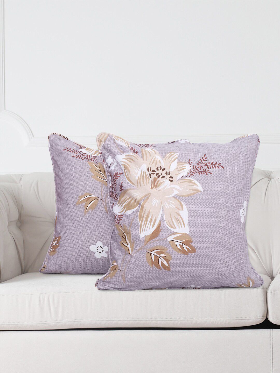 SWAYAM Brown Floral Cotton Breathable 2 Piece Square Cushion Covers -16x16In