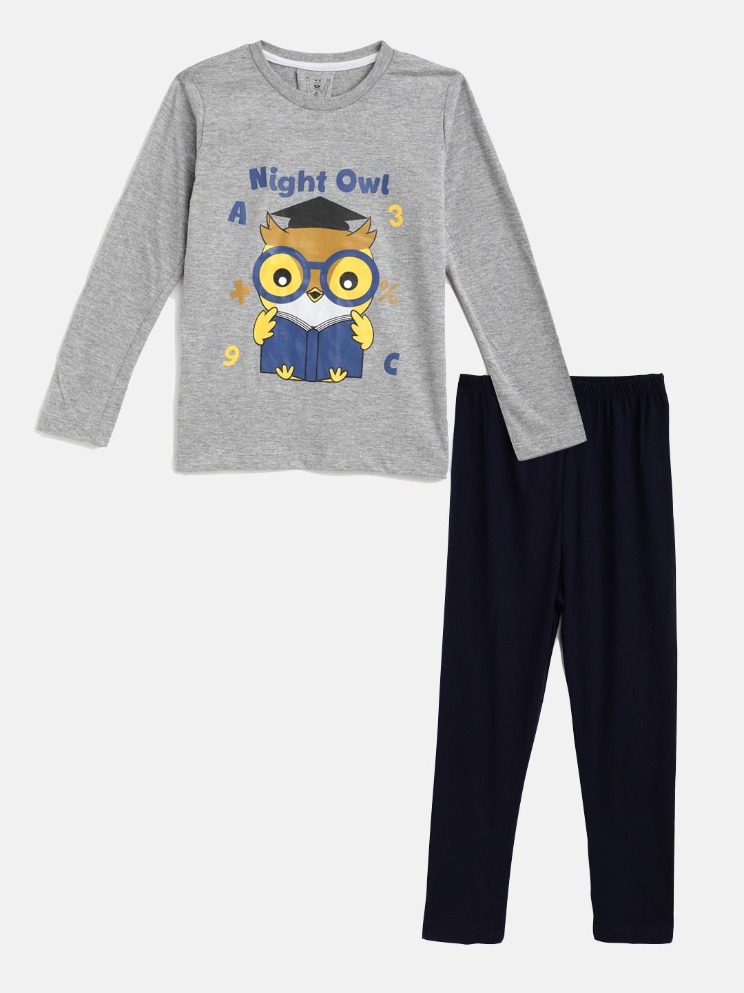 Wyld Sprog Boys Grey & Black Owl Printed Cotton Night suit