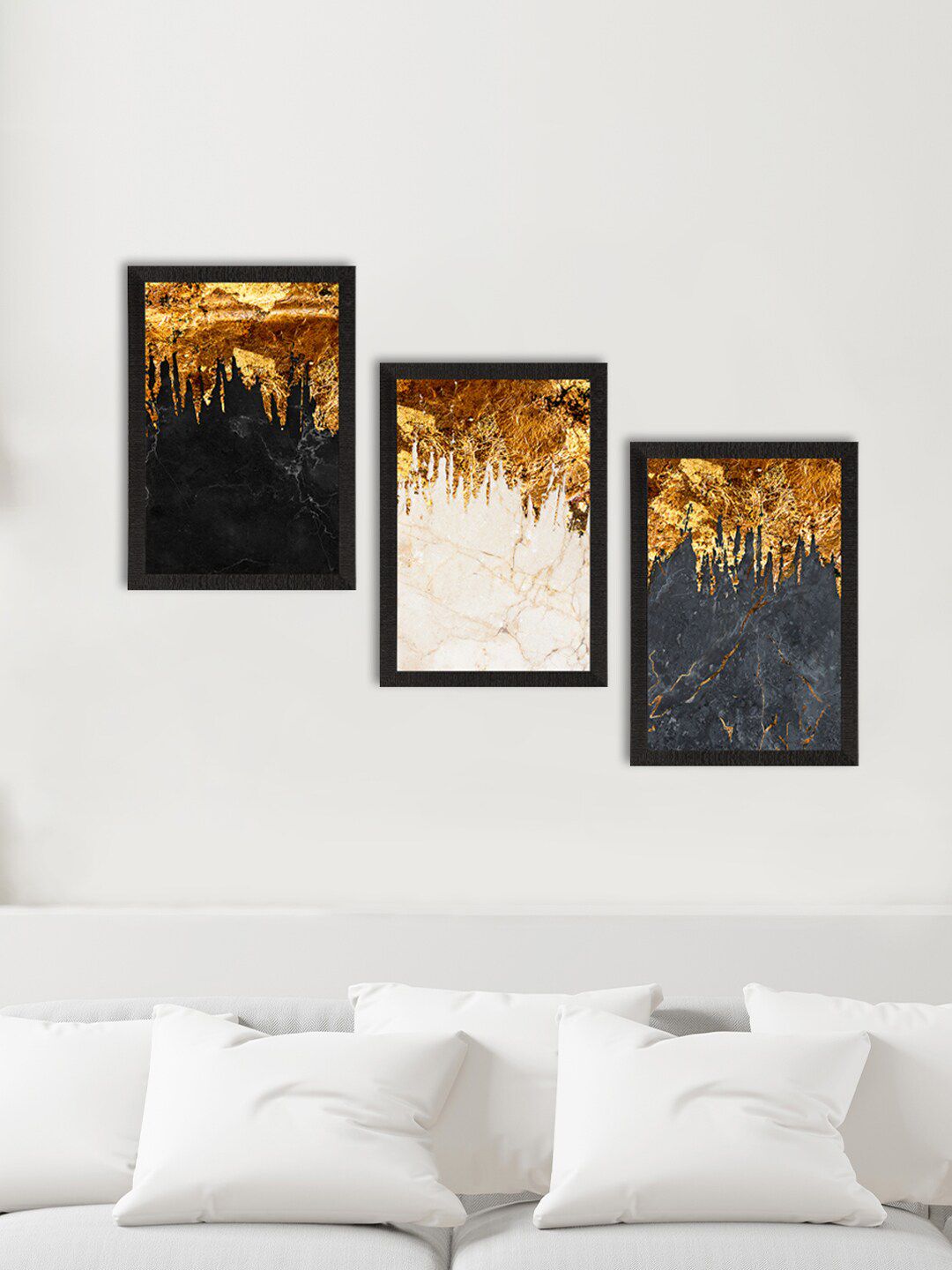 Artisyn Marble Effect With Golden Synthetic Wood 3 Piece Paintings Wall Art-10 x 14In