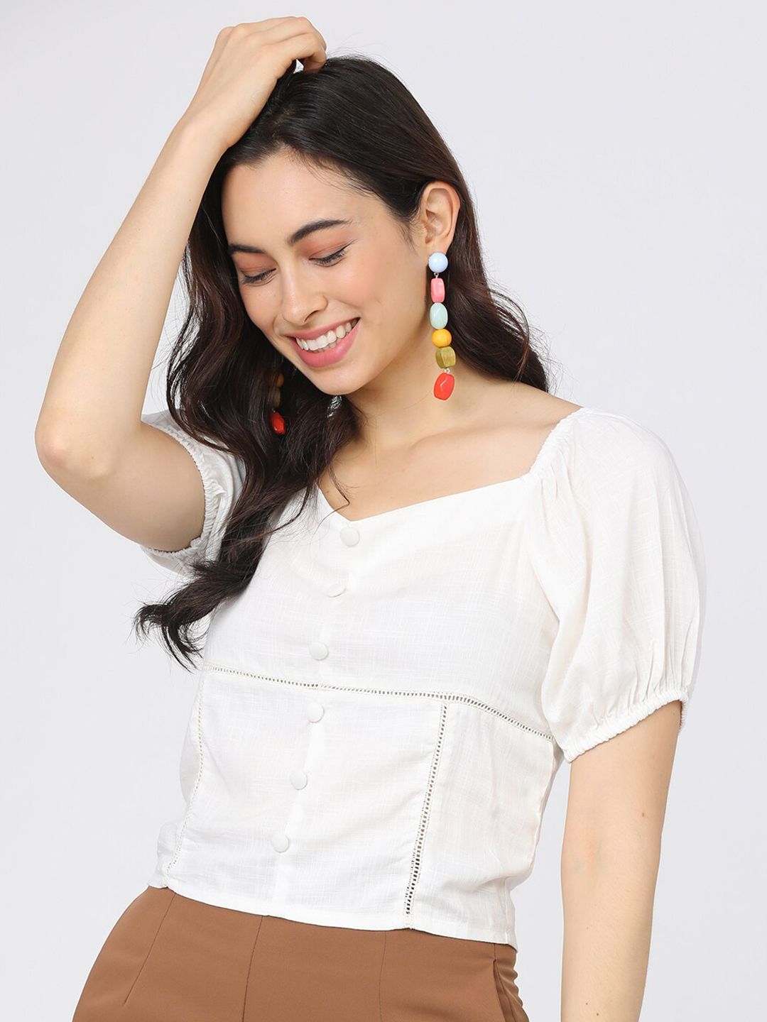 Tokyo Talkies Women Off White Regular Puff Sleeves Top