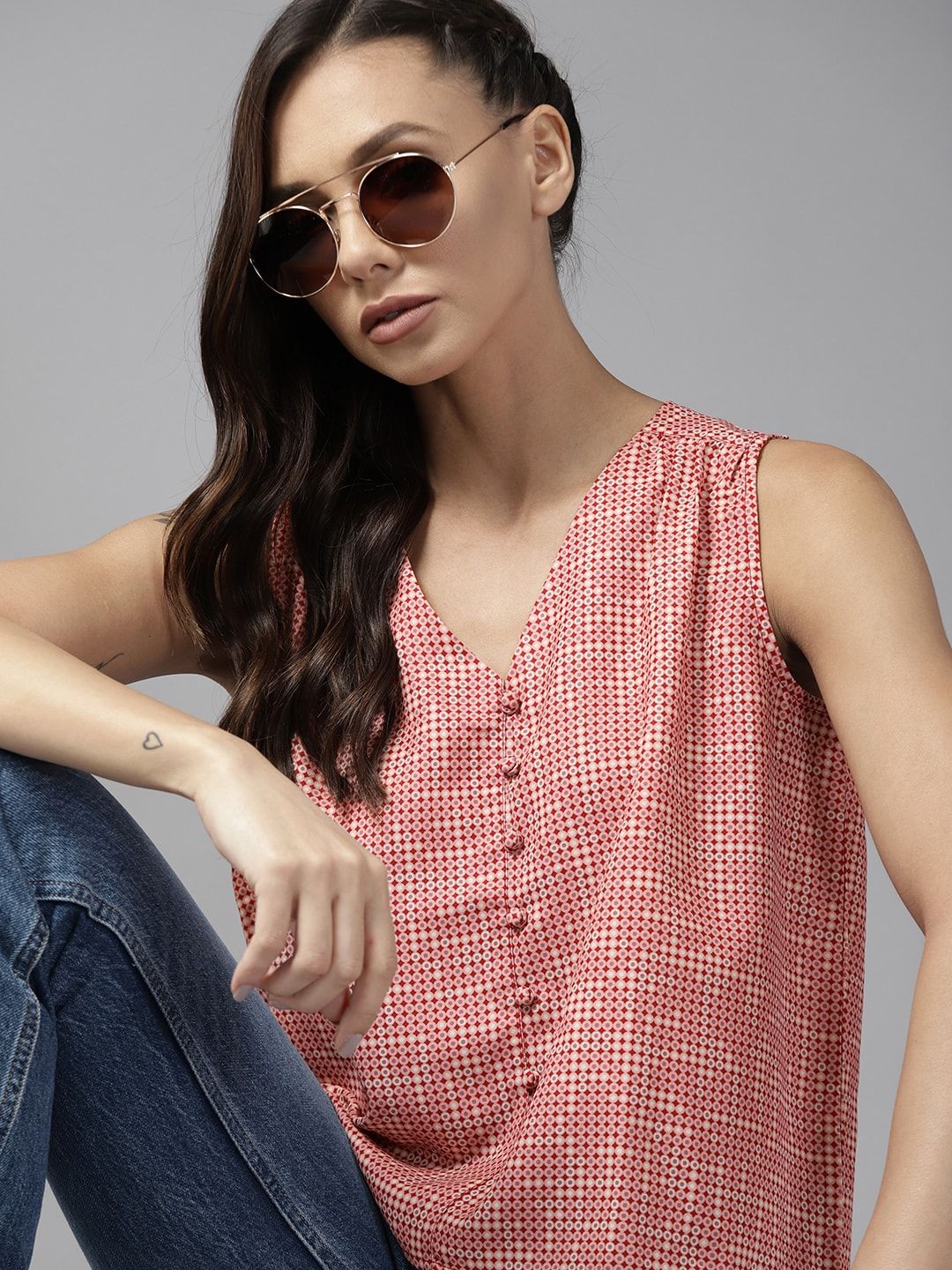 Roadster Maroon & Pink Geometric Print Top