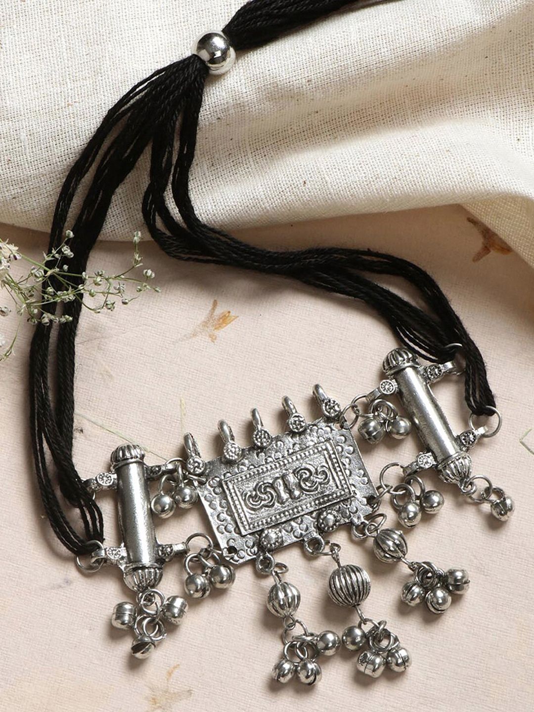 TEEJH Silver-Toned & Black Silver-Plated Oxidised Necklace