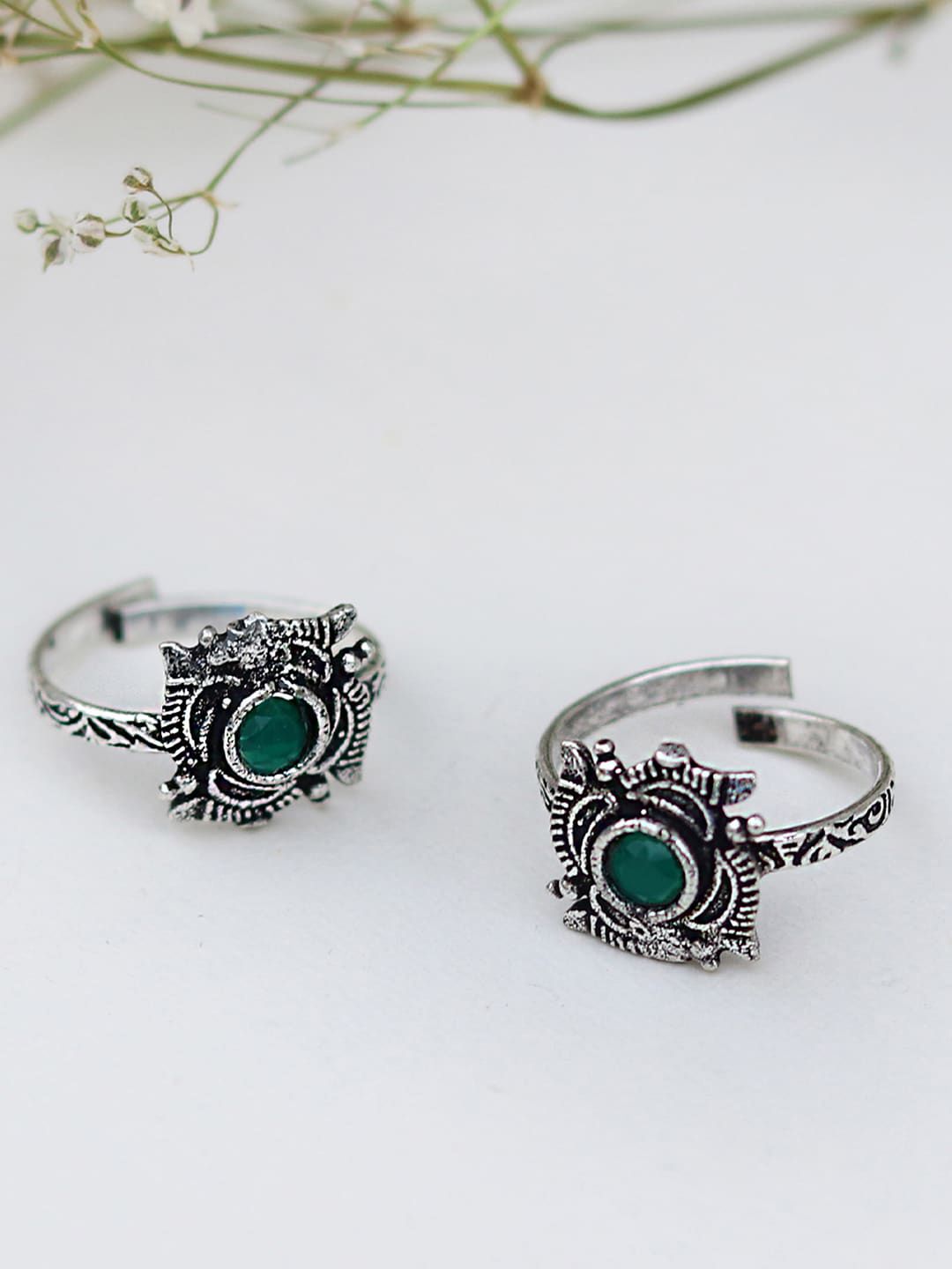 TEEJH Set Of 2 Oxidised Silver-Plated Green Stone-Studded Adjustable Ethnic Toerings