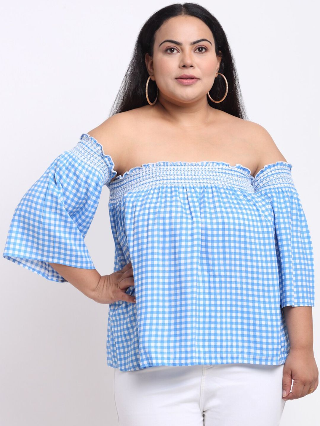 sindrellastorie Blue & White Checked Off-Shoulder Bardot Top