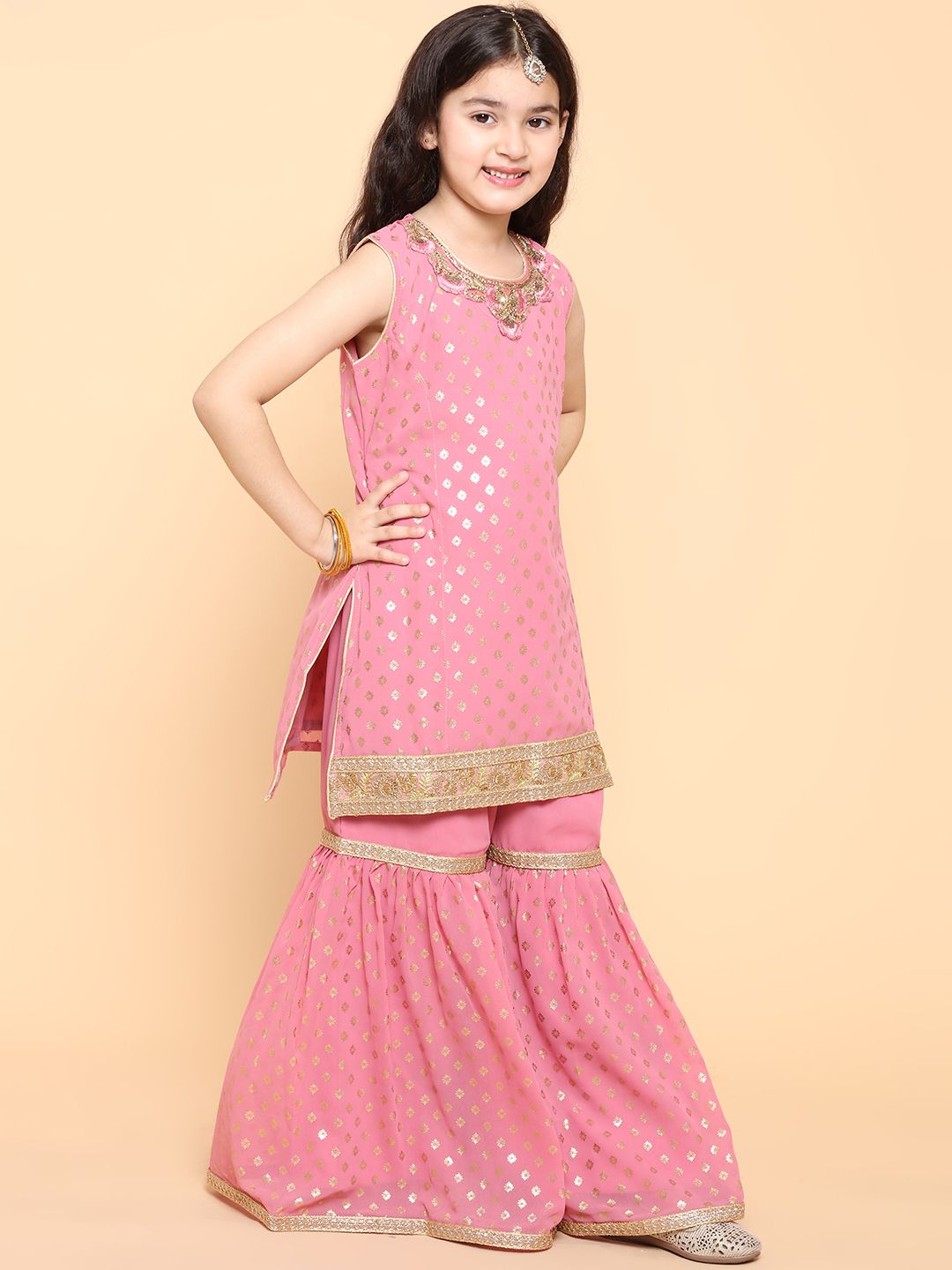 Girls Pink Ethnic Motifs Printed Kurta with Sharara & Dupatta 4