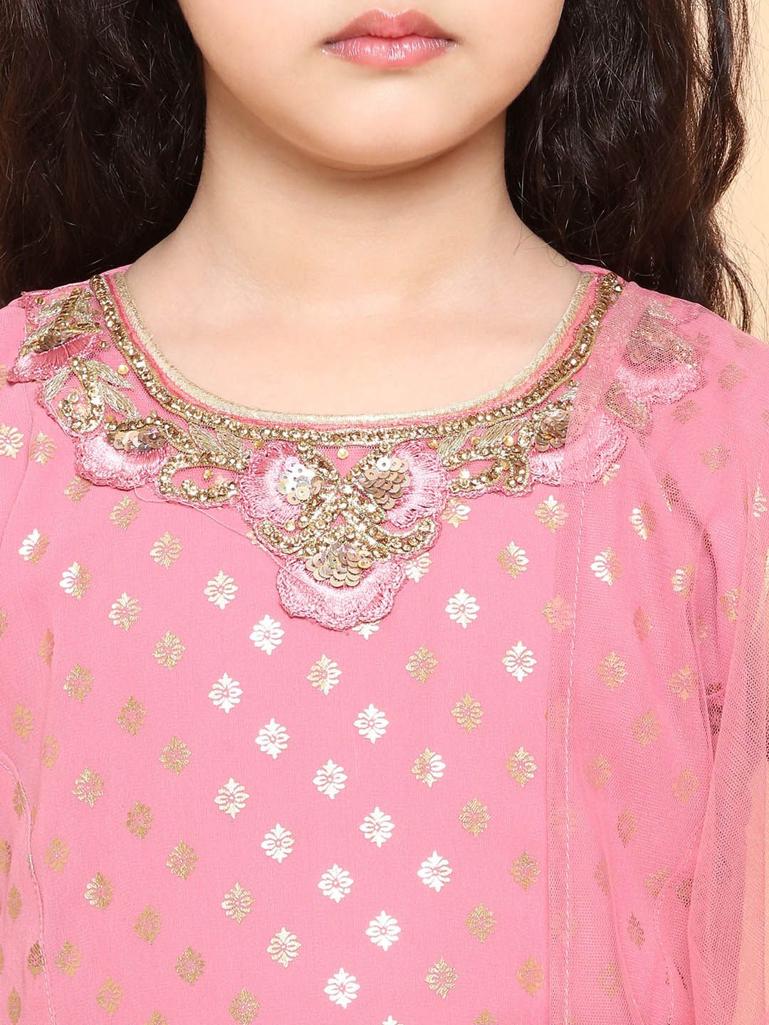 Girls Pink Ethnic Motifs Printed Kurta with Sharara & Dupatta 2