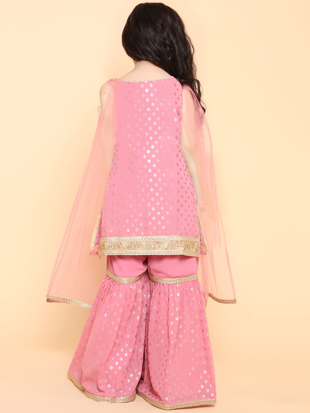 Girls Pink Ethnic Motifs Printed Kurta with Sharara & Dupatta 5