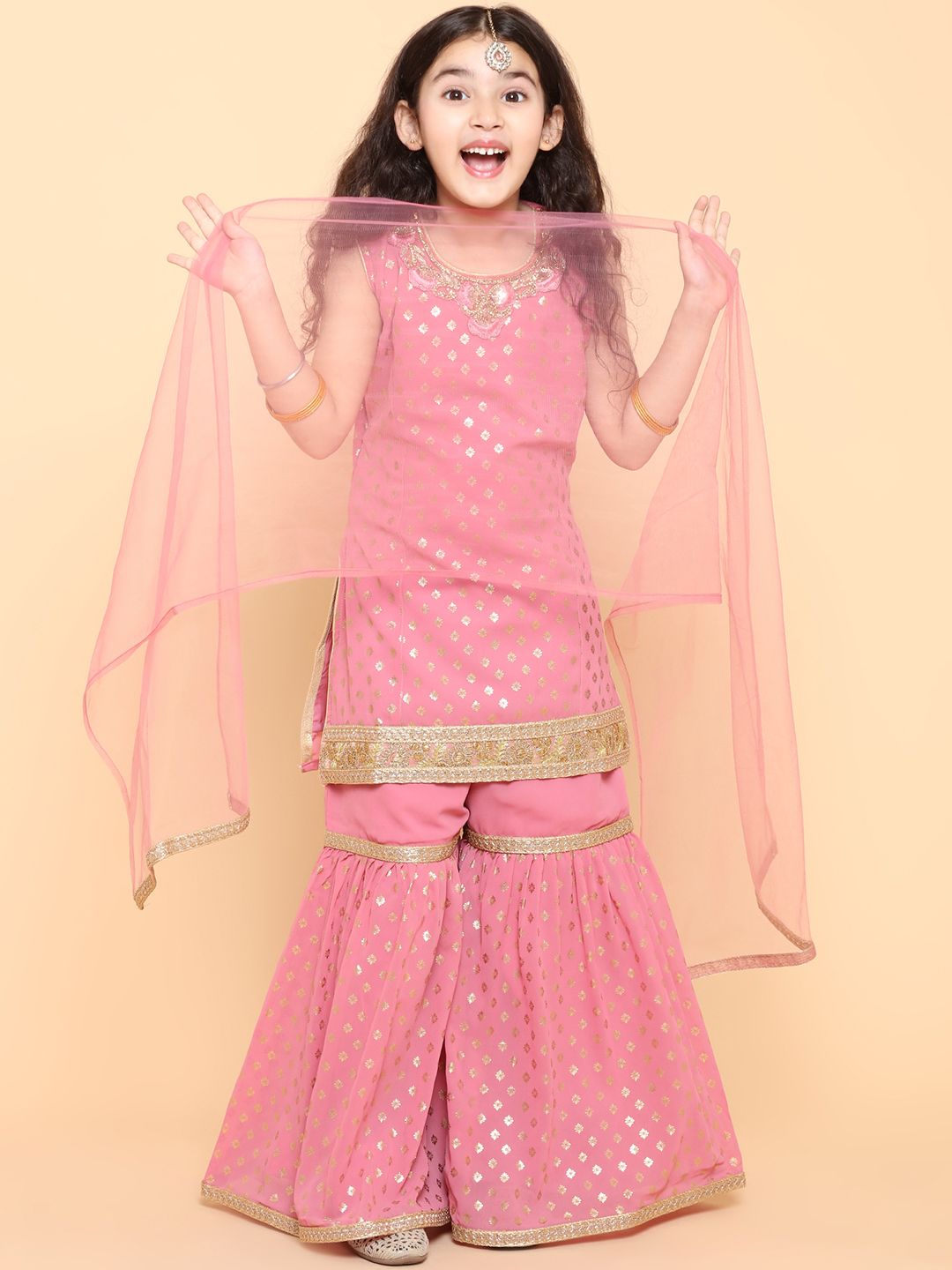 Girls Pink Ethnic Motifs Printed Kurta with Sharara & Dupatta 6