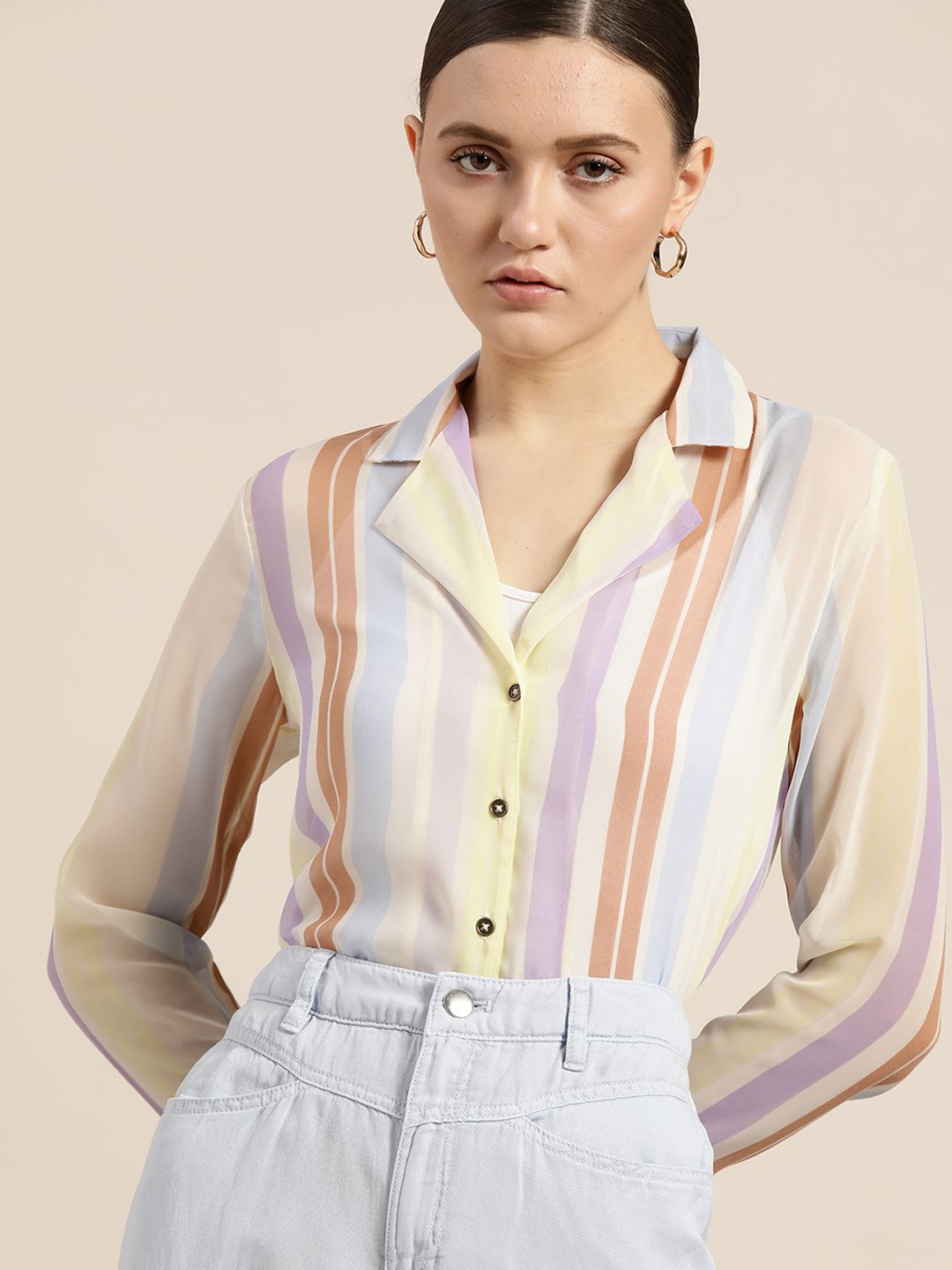 her by invictus Women Yellow & Blue Striped Casual Shirt