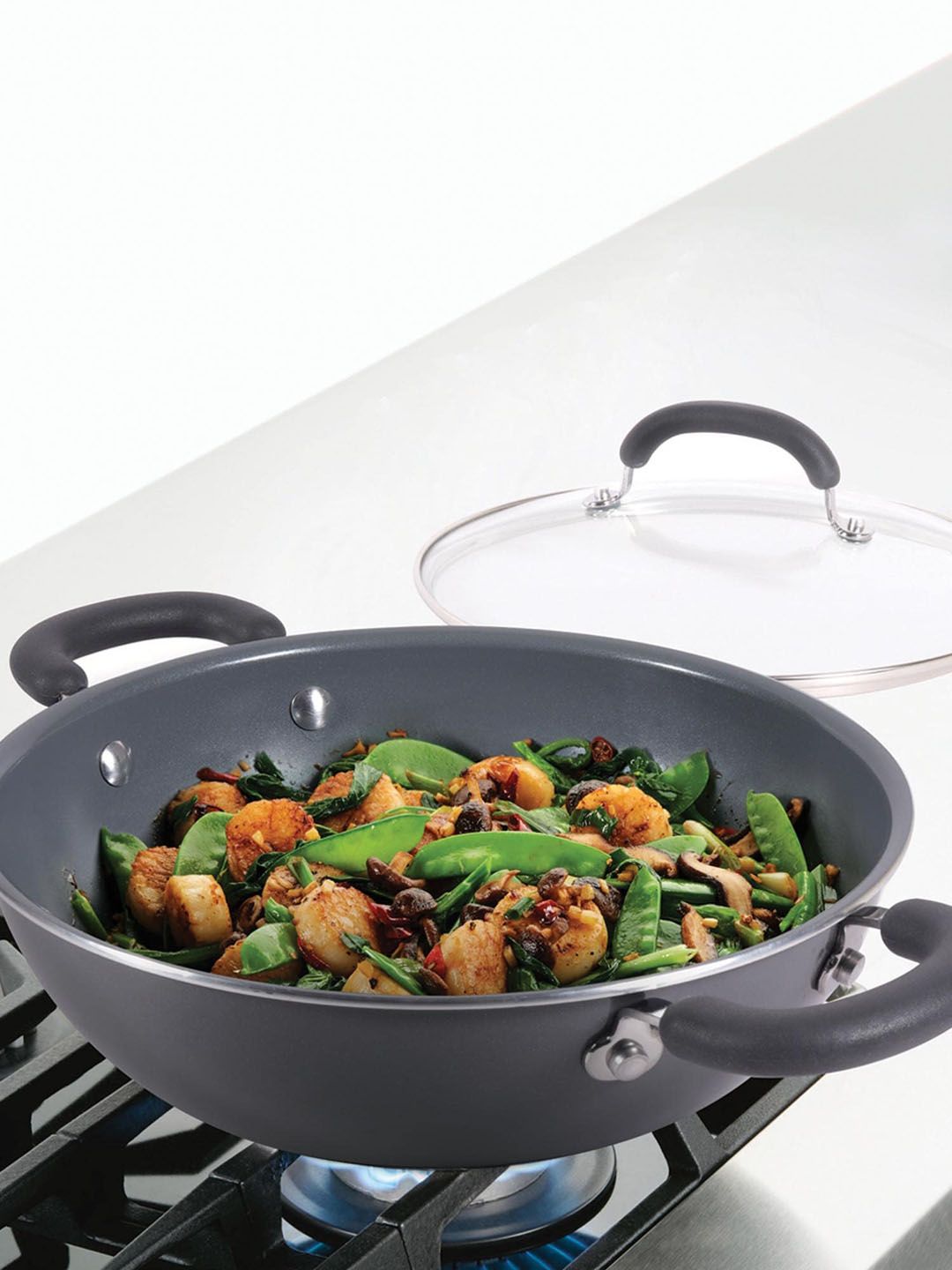 MEYER Silver-Toned Anzen Ceramic Coated Cookware 24cm Kadai With Lid