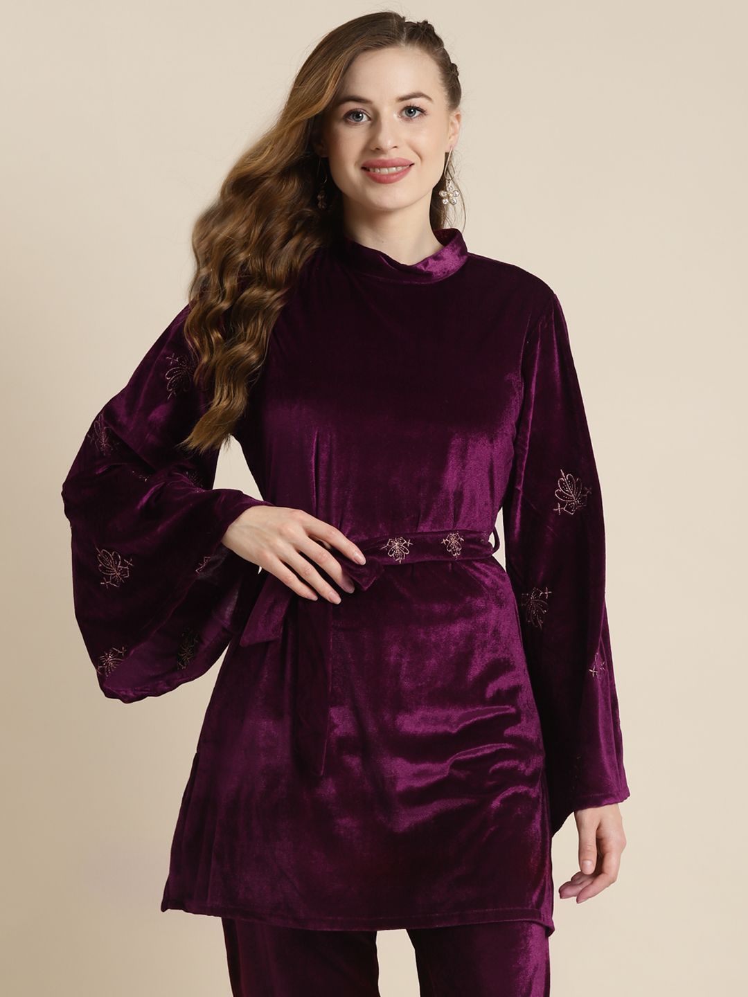 Shae by SASSAFRAS Purple Flared Sleeves Velvet Kurti
