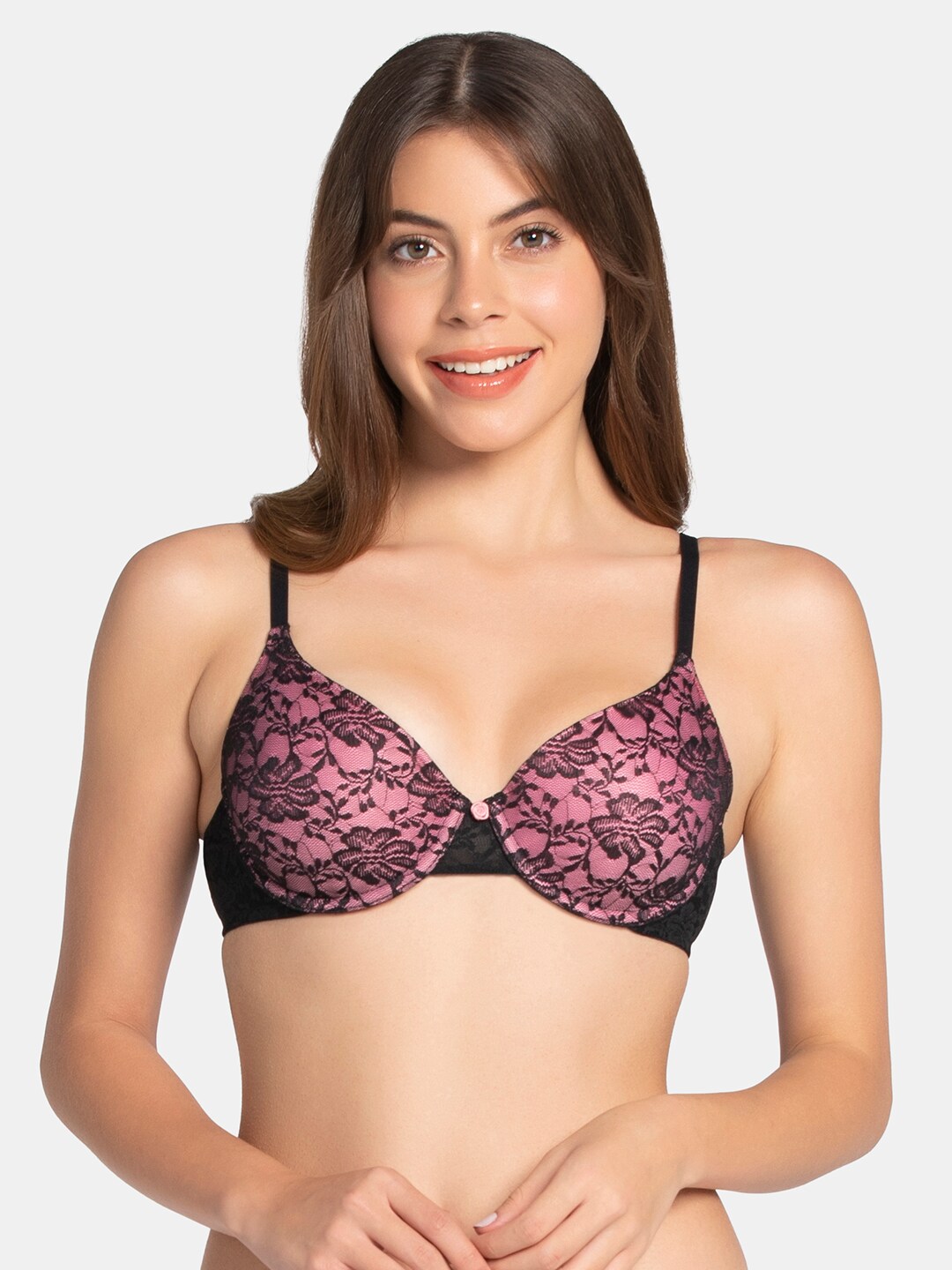 Amante Black & Pink Floral Lace Lightly Padded Wired Full Coverage T-Shirt Bra BRA10301