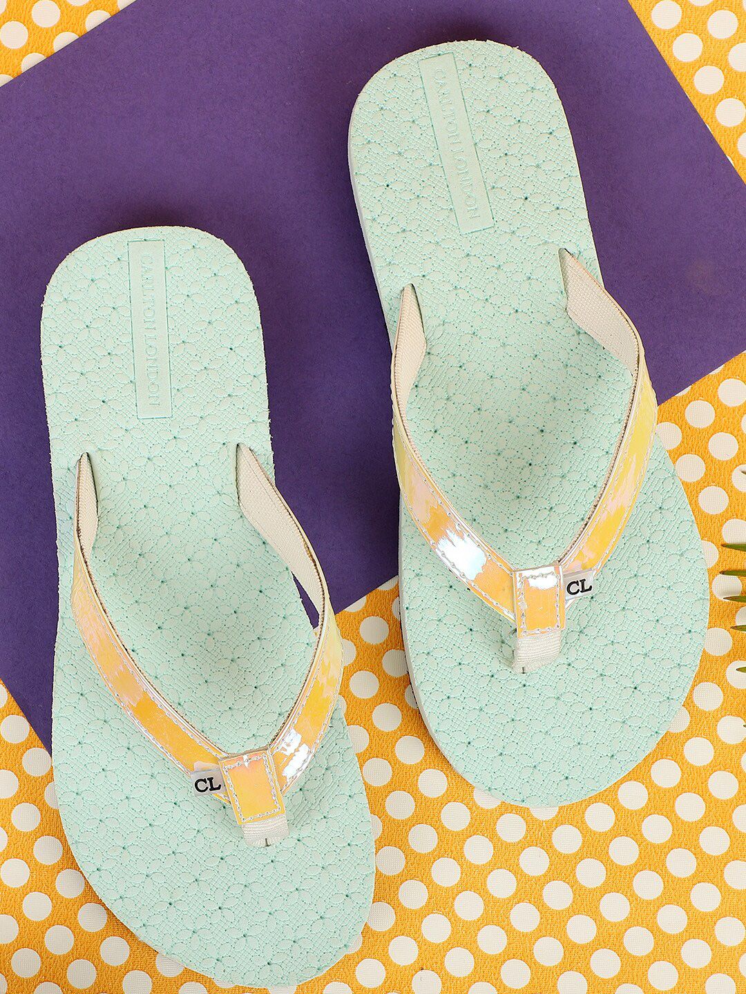 Carlton London Women Green & Mustard Rubber Thong Flip-Flops