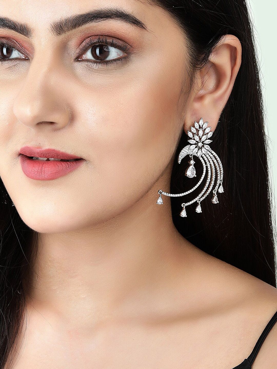Rubans Silver-Plated AD and Cubic Zirconia Studded Statement Drop Earrings